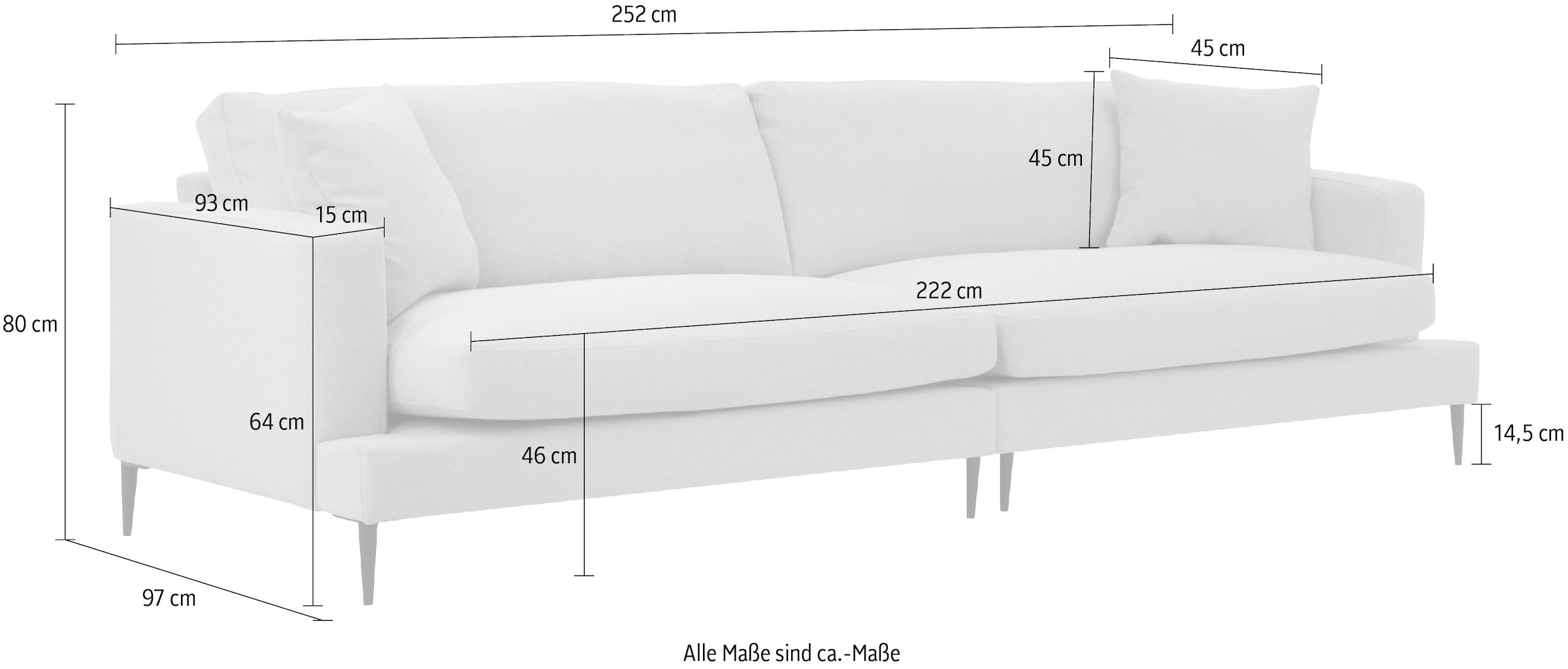 Leonique Big-Sofa »Cozy elegantes Designsofa, Maße B/T/H: 252/97/80 cm«, mit losen Kissen und Metallbeinen