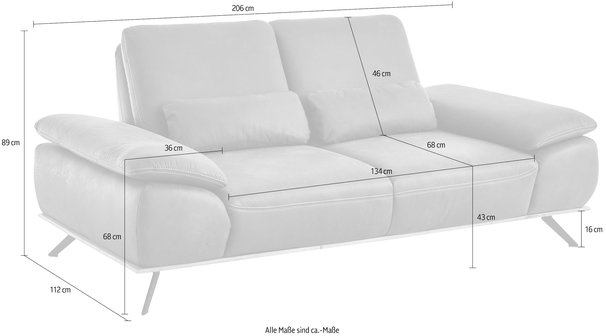 Die PlanBar 2,5-Sitzer »PN-EM18063, B: 206 cm. mit Kontrastnaht« optional mit echt bezogenem Rücken, Sitztiefen- und Armteilverstellung
