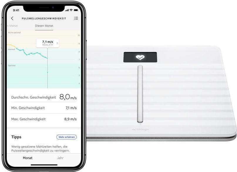 Withings Körper-Analyse-Waage »Body Cardio, Bluetooth und W-Lan fähig«, zeigt Körperfettanteil (KFA), Muskelmasse, Wasseranteil