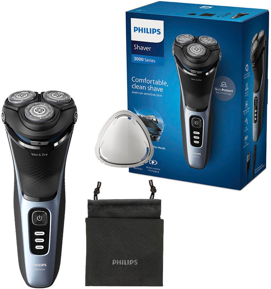 Philips Elektrorasierer »Shaver Series 3000 S3243/12«, 1 St. Aufsätze, ausklappbarer Präzisionstrimmer, 5-dimensional bewegl. Flex-Scherköpfe, Schutzkappe und Tasche