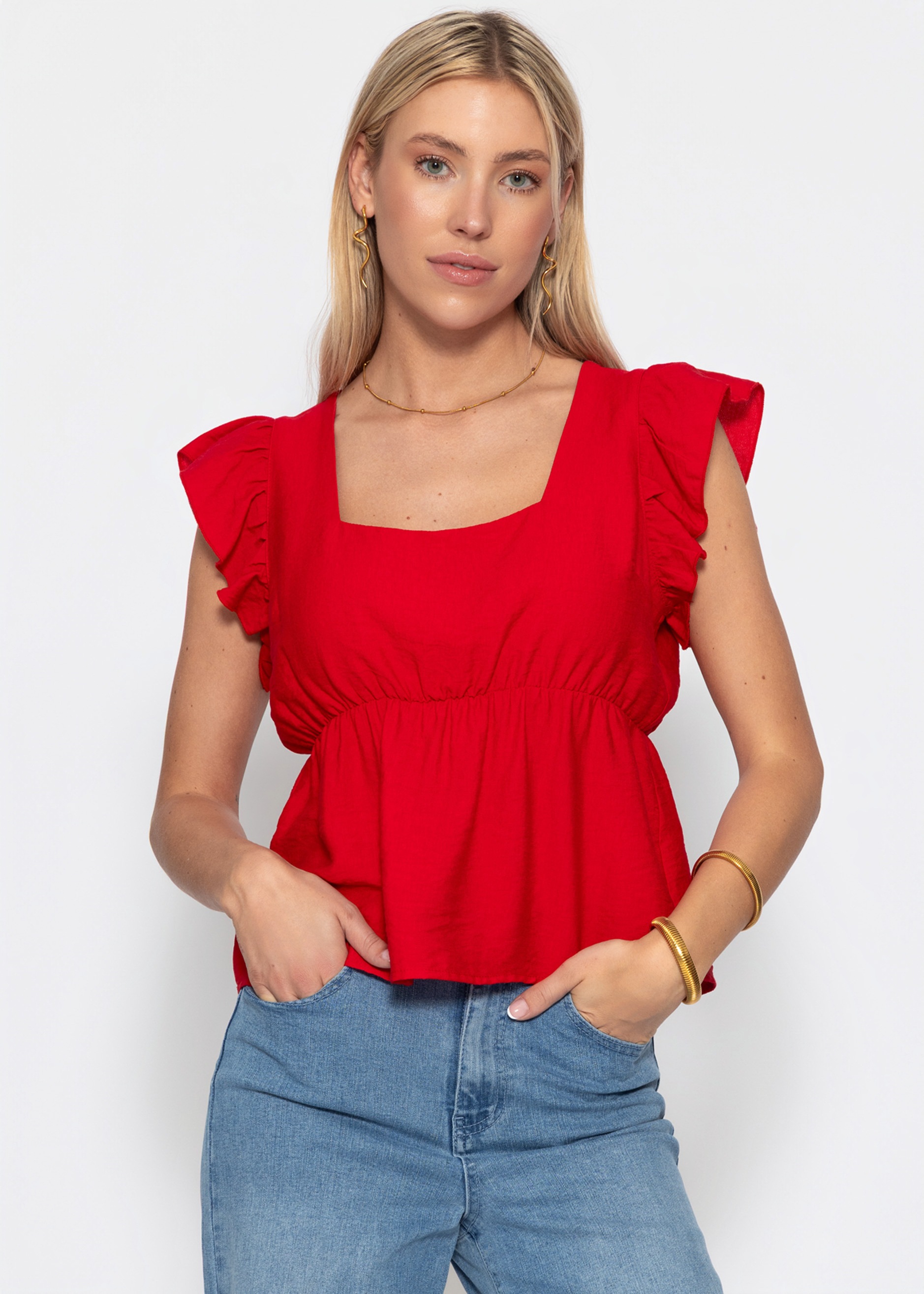 SASSYCLASSY T-Shirt »Blusentop mit Rüschenärmeln« Feminines Top mit eckigem Ausschnitt und elastischer Tailennaht Rot