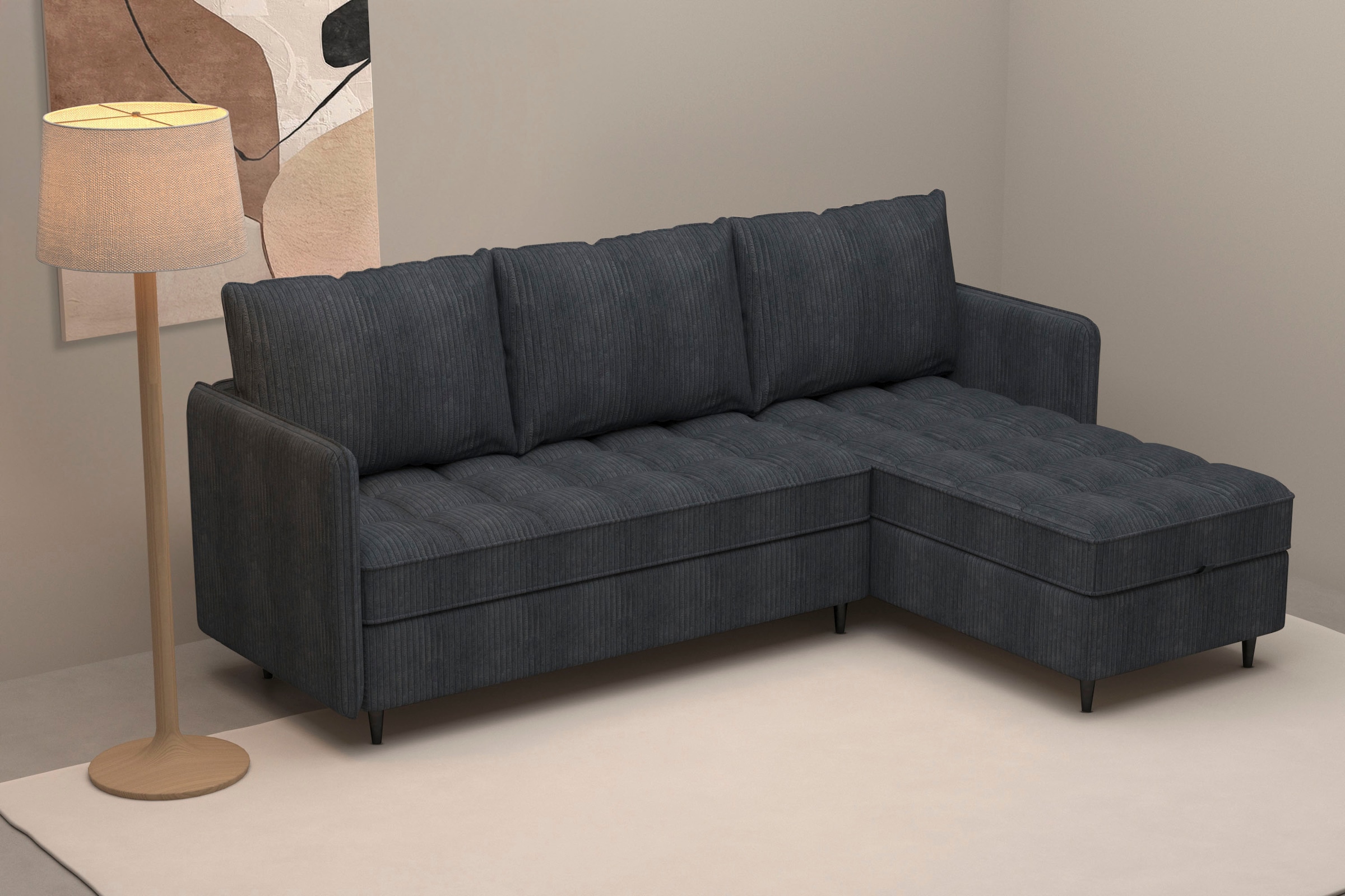 Dorel Home Ecksofa »LINDHUS, L-Form, 4 verschiedene Stellvarianten, Lounge-Sofa,«, Wohnlandschaft, mit Recamiere, großer Bettkasten, Cord, Chenille