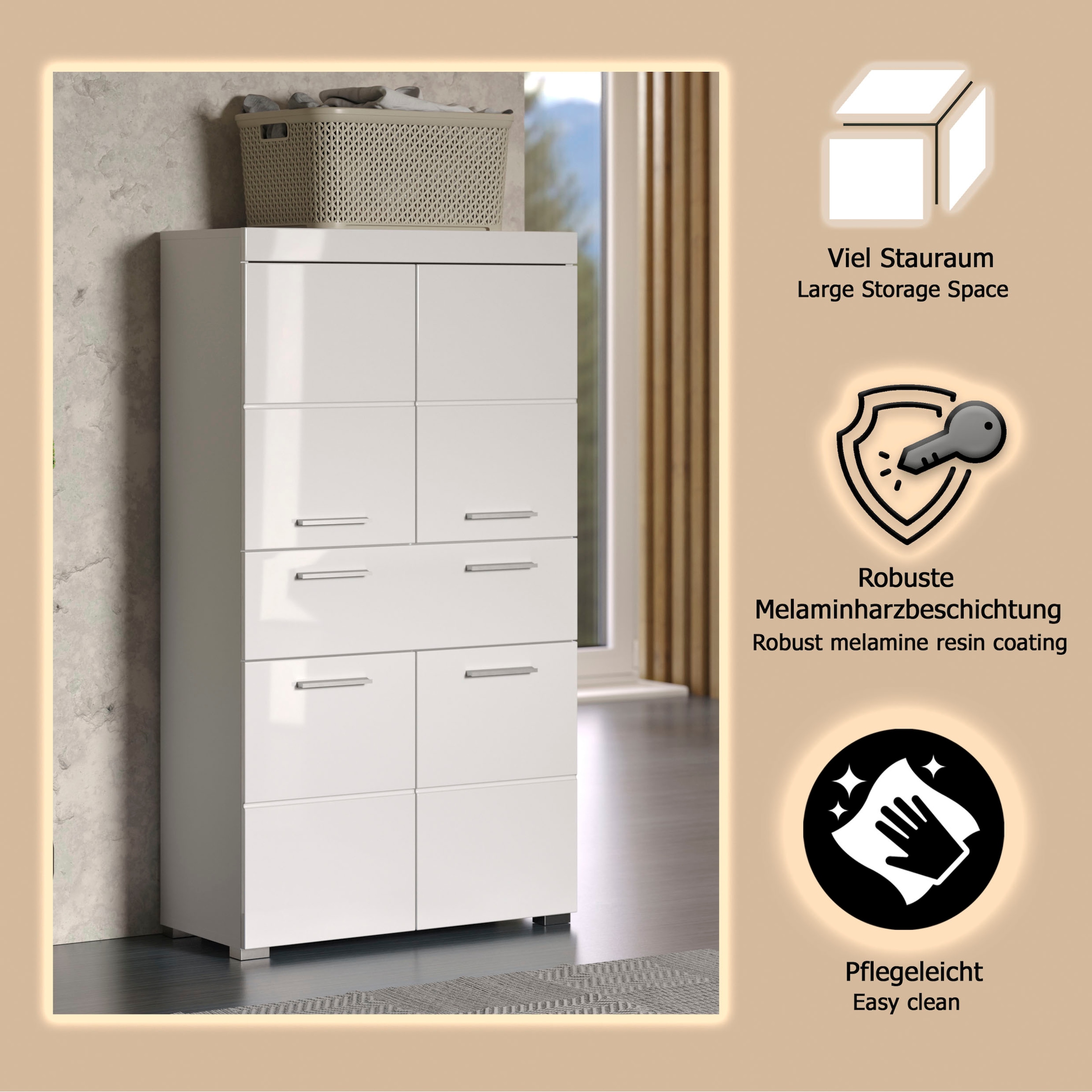 welltime Midischrank »Avena« Standschrank mit 4 Türen, 1 Schublade - (B/T/H) 73/31/130 cm