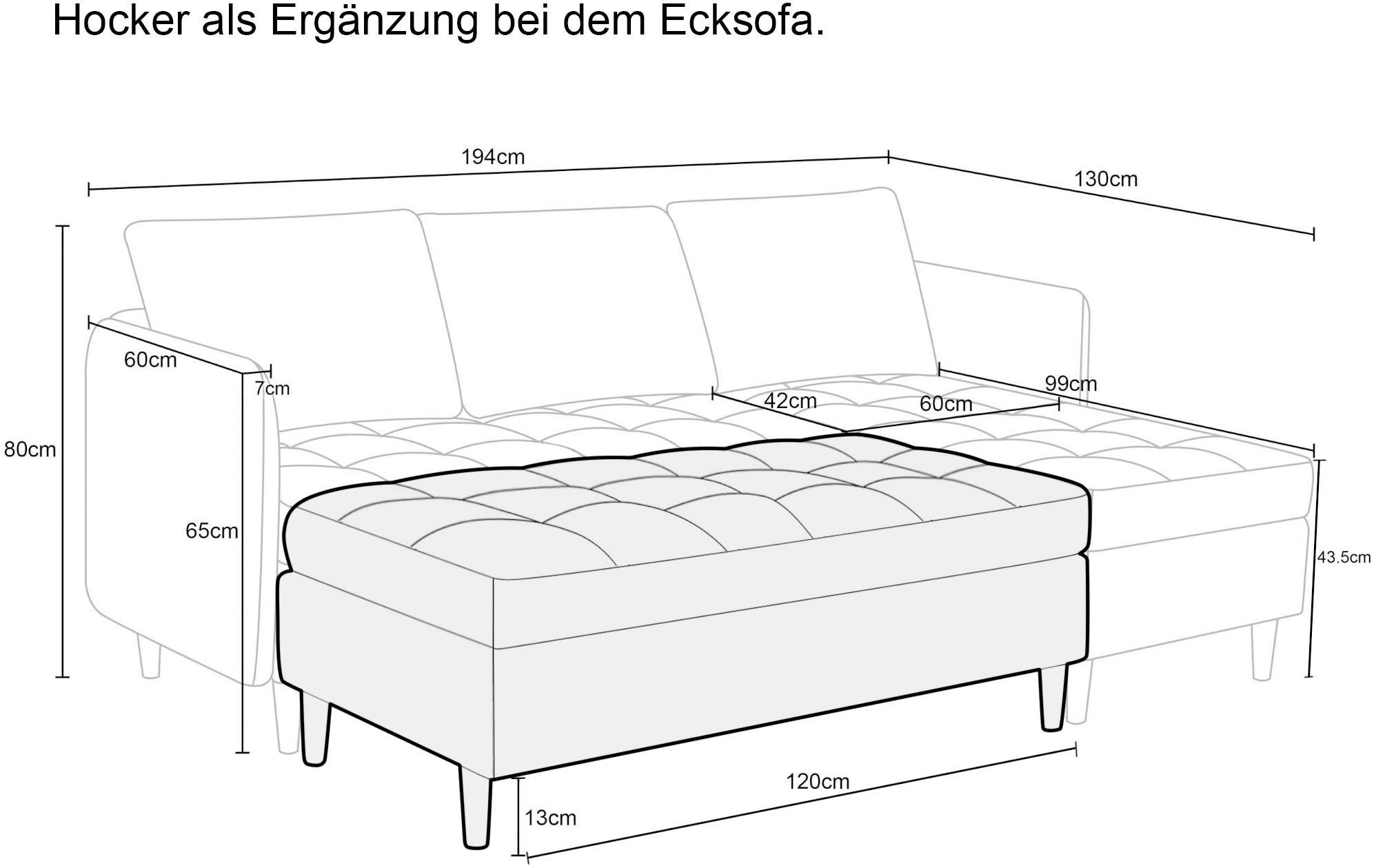 Dorel Home Ecksofa »LINDHUS, L-Form, Breite 194cm, verschiedene Stellvarianten, Modulsofa« Recamiere, Stauraum, Cord und Chenille-Bezug