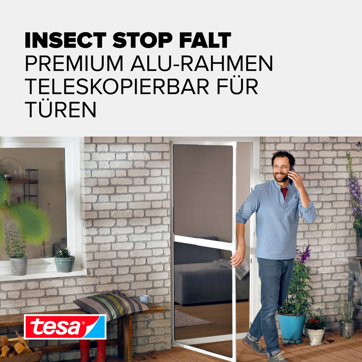 tesa Insektenschutz-Tür »Insect Stop Falt Fliegengitter für Türen - max. 1 m : 2,20 m« Packung, Teleskop Alu Rahmen, 1 Stk. tlg. mit verstellbarem Rahmen aus Aluminium - ohne Bohren