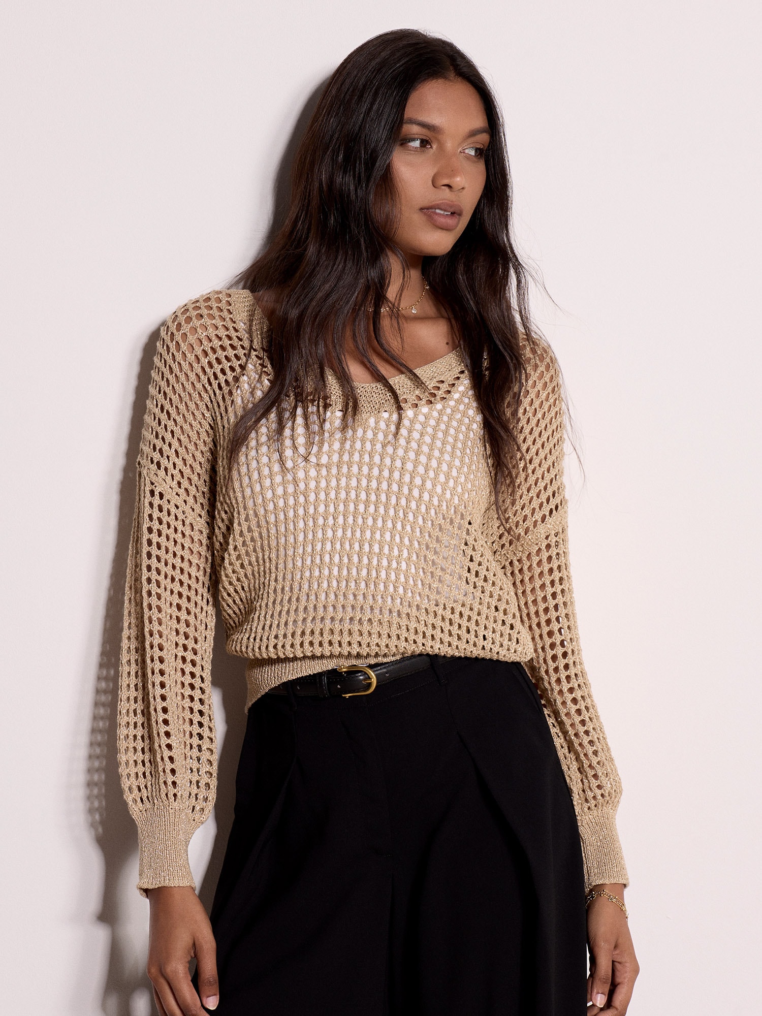 Apricot V-Ausschnitt-Pullover »Gold schimmernder Pullover« mit Metallfäden