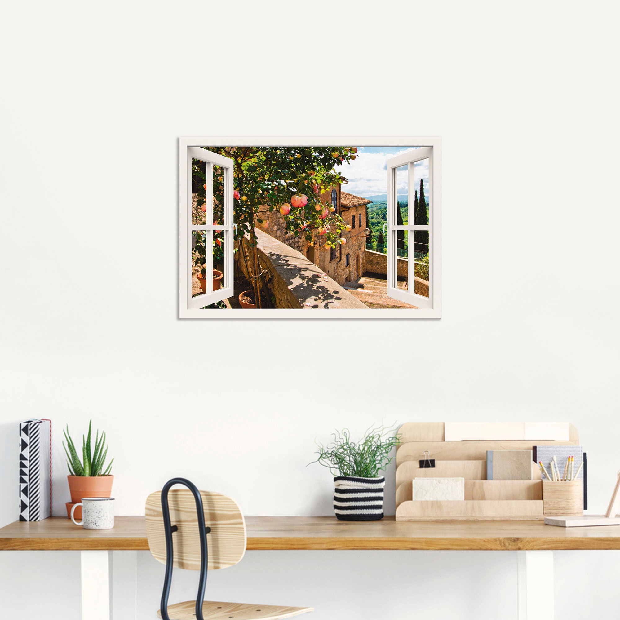 Artland Wandbild »Fensterblick Rosen auf Balkon Toskana«, Garten, (1 St.), als Alubild, Outdoorbild, Leinwandbild, Poster, Wandaufkleber