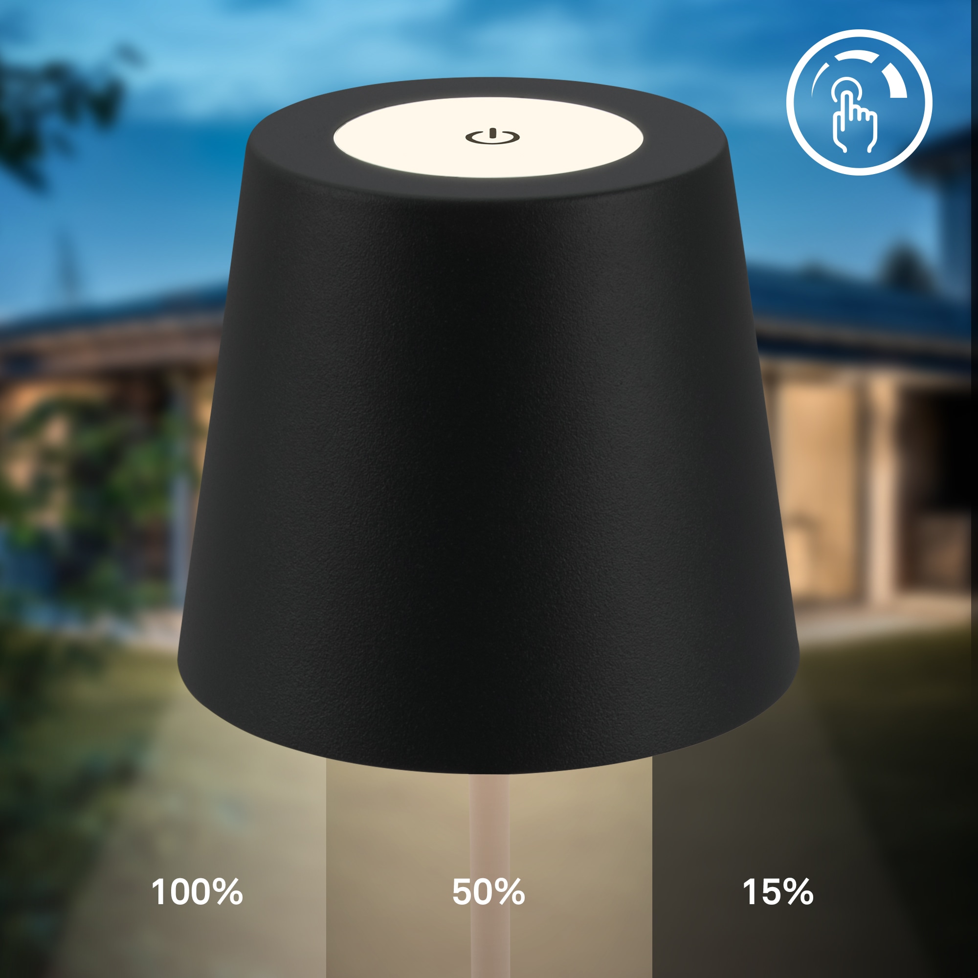 B.K.Licht Außen-Tischleuchte »BK_TL1595 Akku LED Tischlampe, 3-Stufen Touchdimmer, mit USB« LED-Modul 1 Stk. Extra-Warmweiß 2.700 K, 200 Lm, 2,5W, IP44, 12h Leuchtdauer, 36 x 10,5 cm, Schwarz