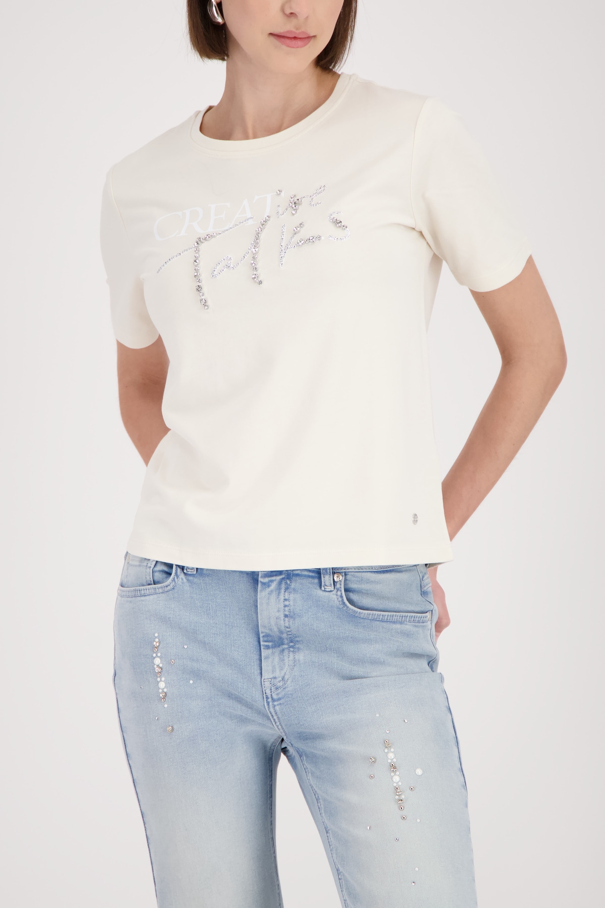 Monari Rundhalsshirt »Shirt Schmuckschrift« mit Glitzersteinchen