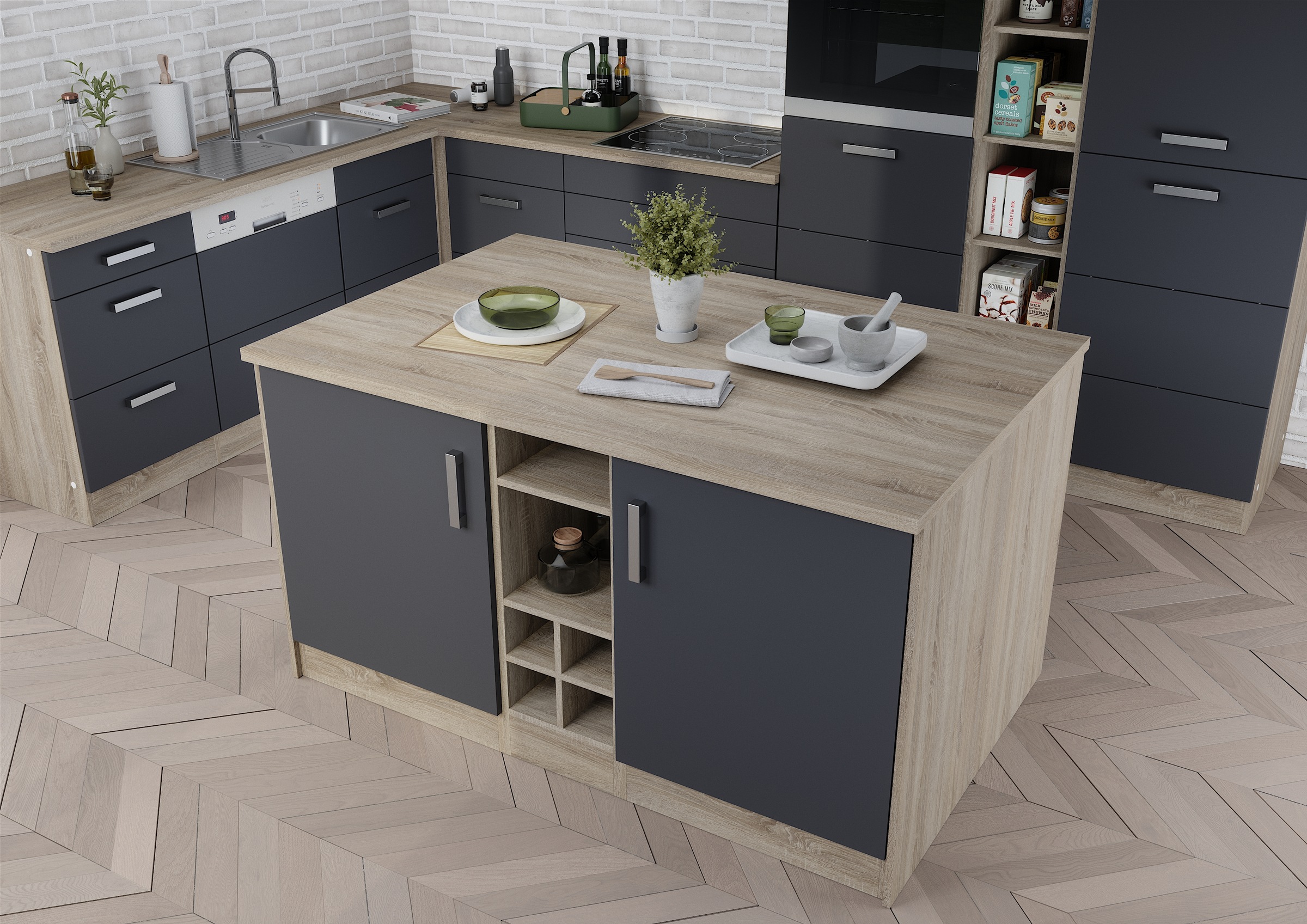 KOCHSTATION Kücheninsel »KS-Toronto«, Breite 153 cm, MDF-Fronten, Flaschenregal