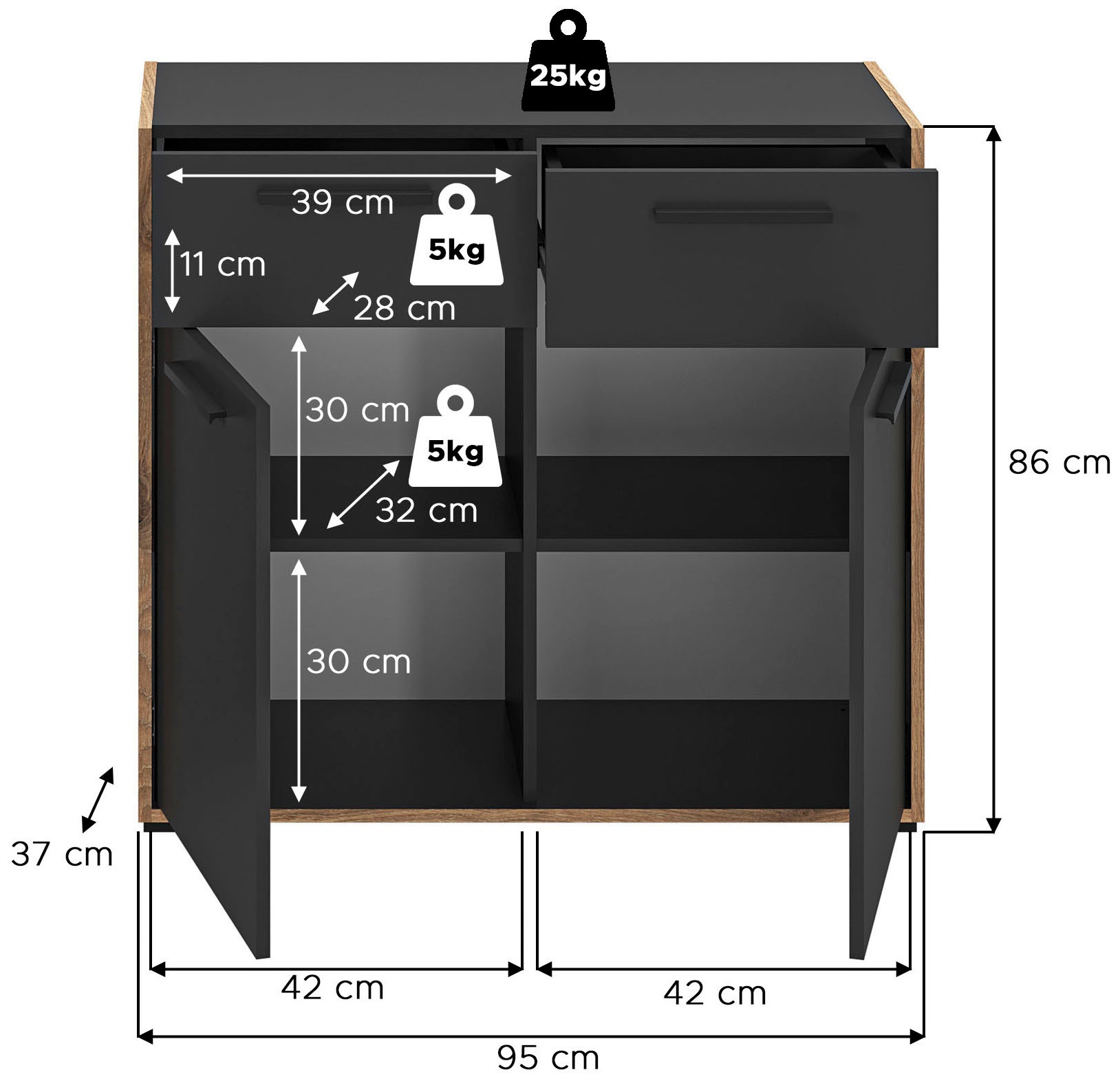INOSIGN Kommode »MUSTA, Breite: 95cm, 2 Schubkästen, 2 Türen, 4 Fächer« Anrichte, Sideborad, Highboard, Schrank, Schuhkommode, Flurkommode
