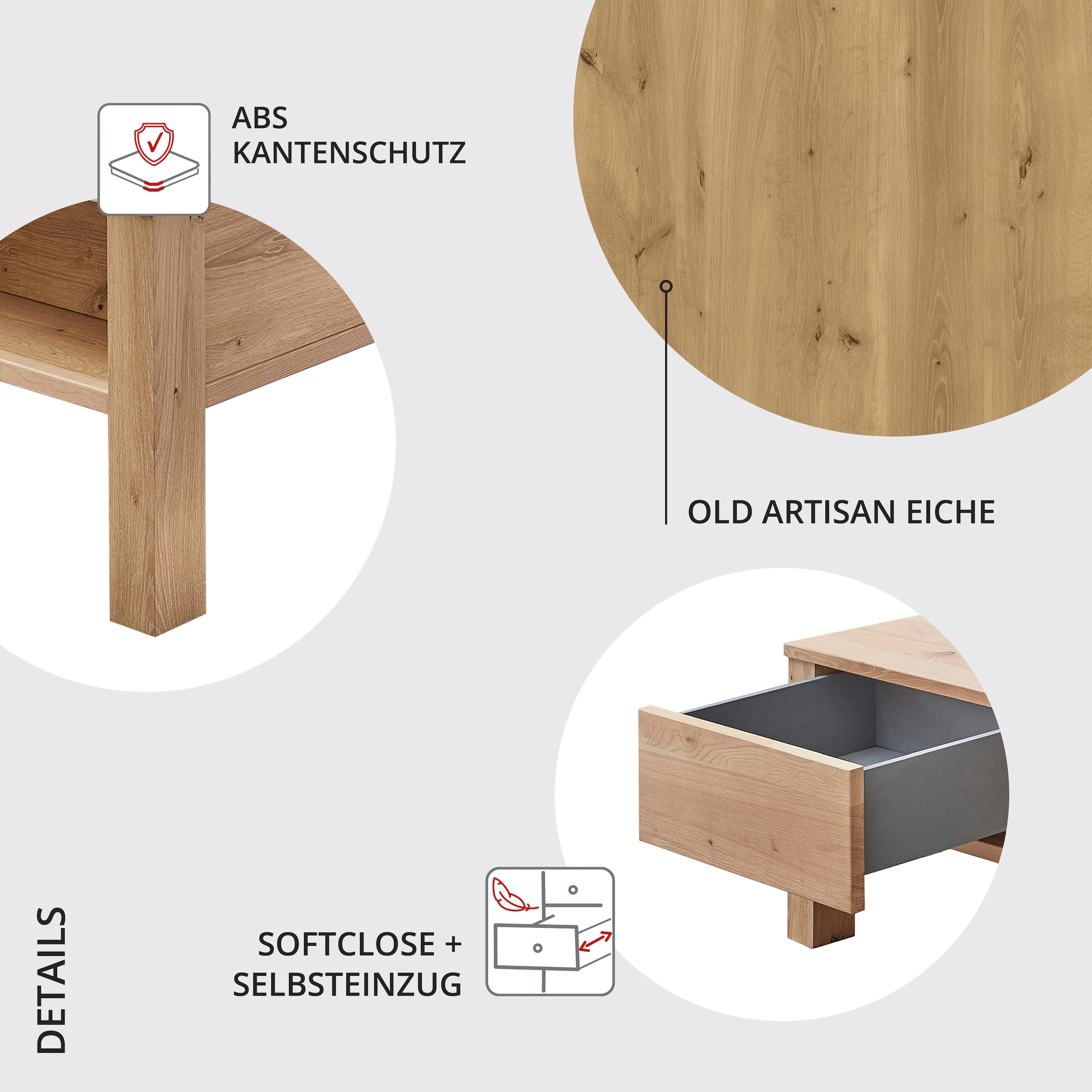 Wohnconcept Couchtisch »Malaga Couchtisch, 115x45x65 (BxHxT)« 1 Stk. tlg. Massivholzplatte, 1Schubkaste, 3 offene Fächer, ABS-Kantenschutz