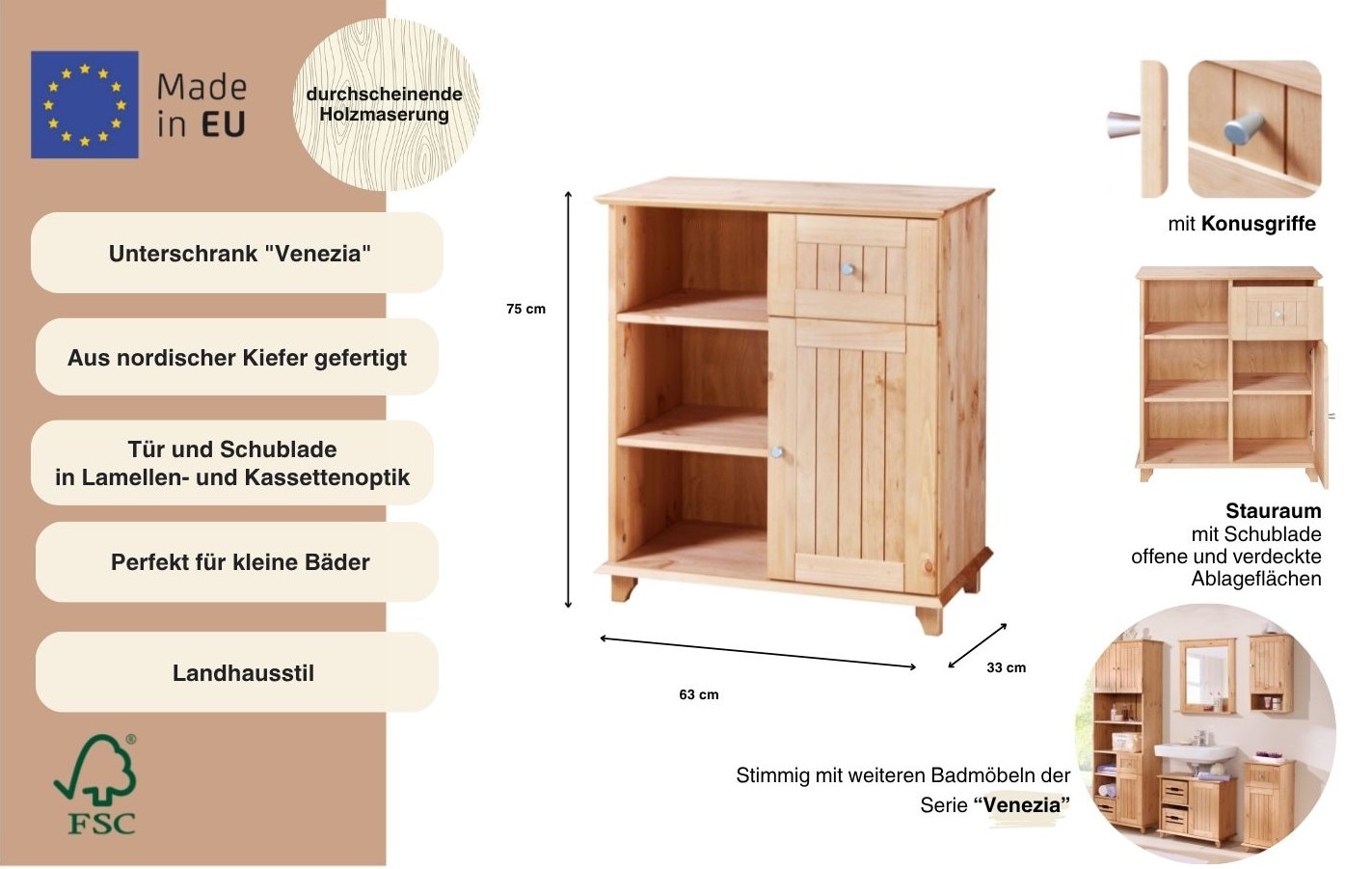 welltime Unterschrank »Venezia Landhaus« Badmöbel, aus massiver Kiefer, 1 Tür, 1 Schublade, Breite 63 cm