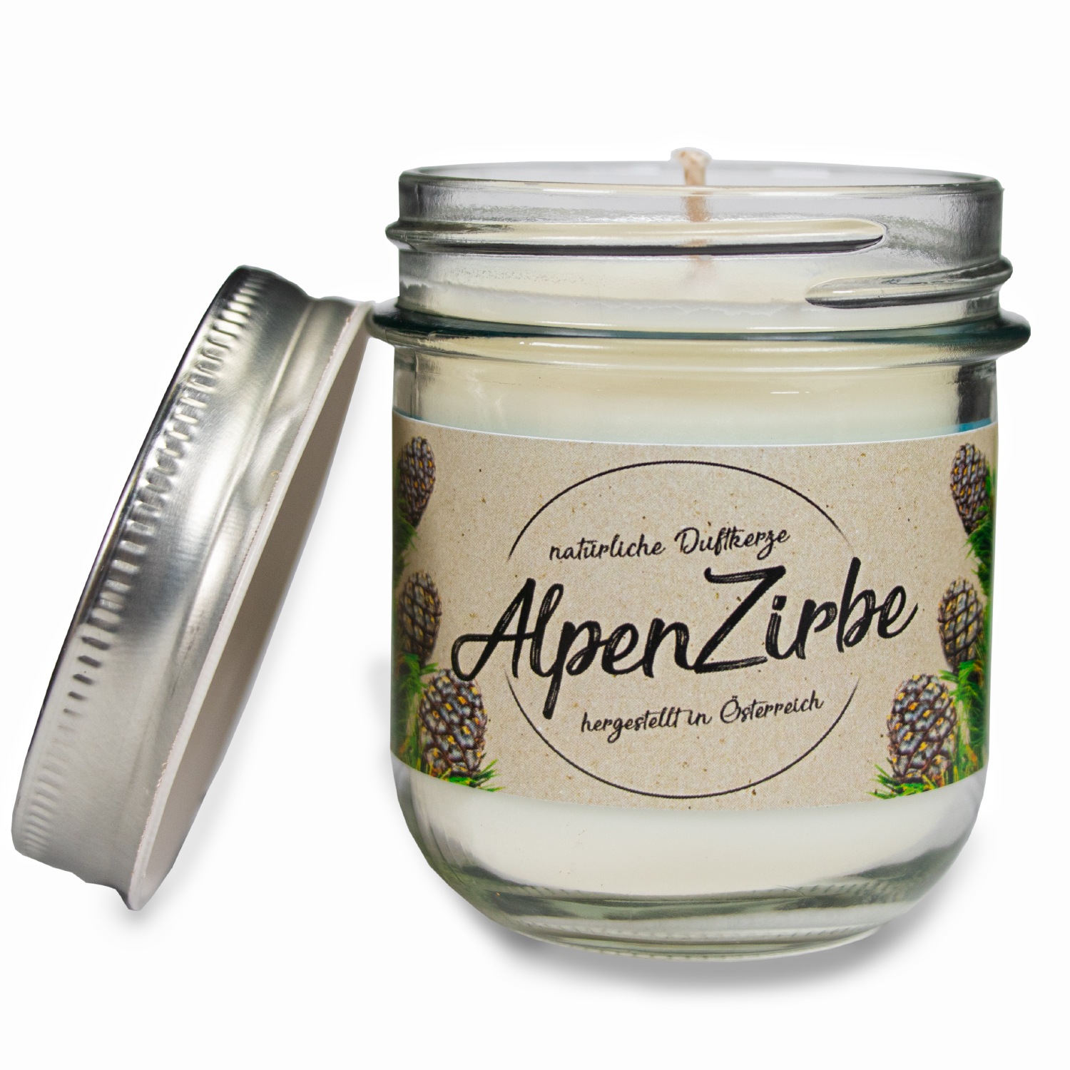 Zirbelino Duftkerze, handgefertigt aus zertifiziertem Bio-Zirbenöl - Made in Austria