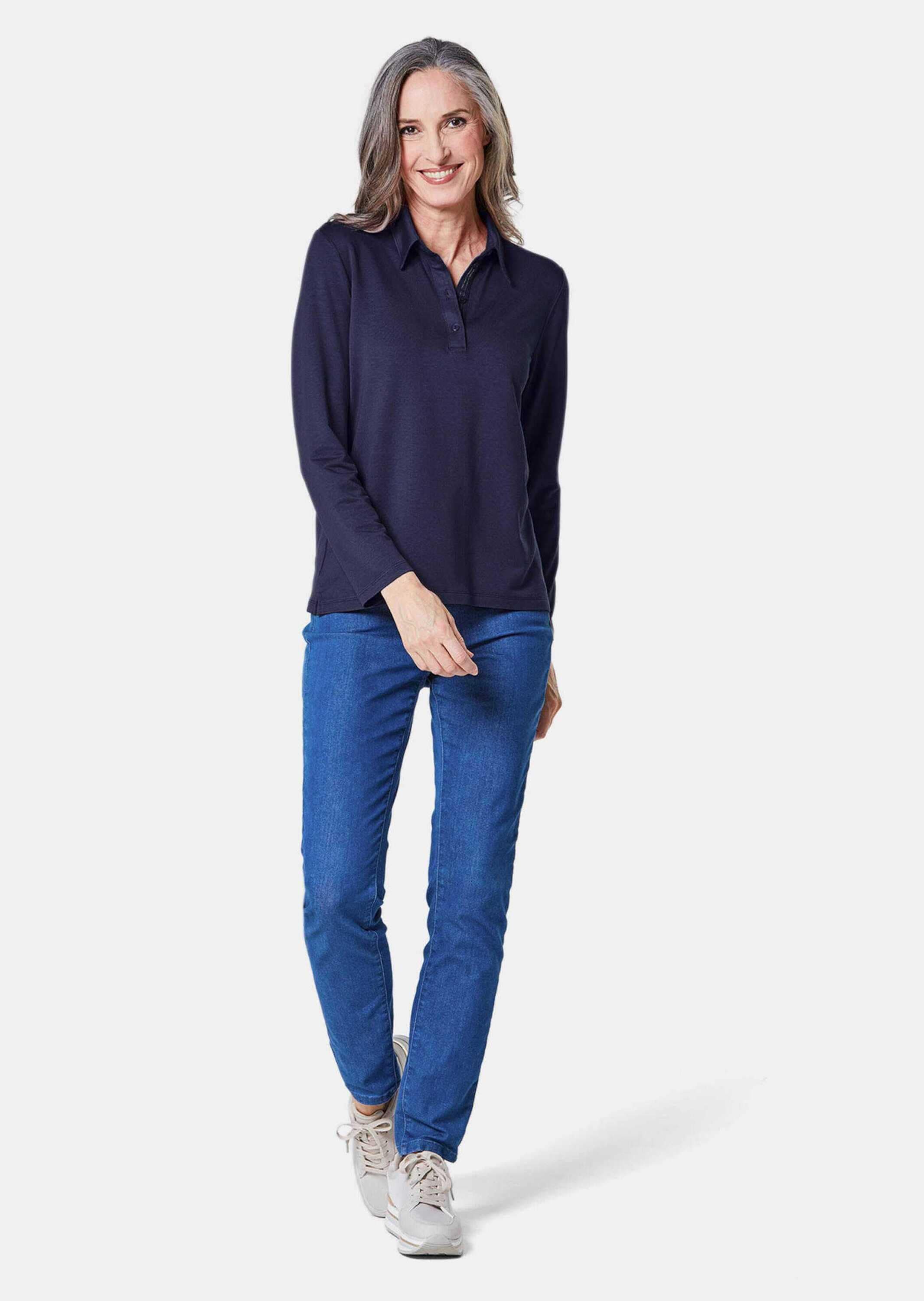 GOLDNER Poloshirt »Poloshirt Langarm Poloshirt mit Schmuckband an Knopfleiste«