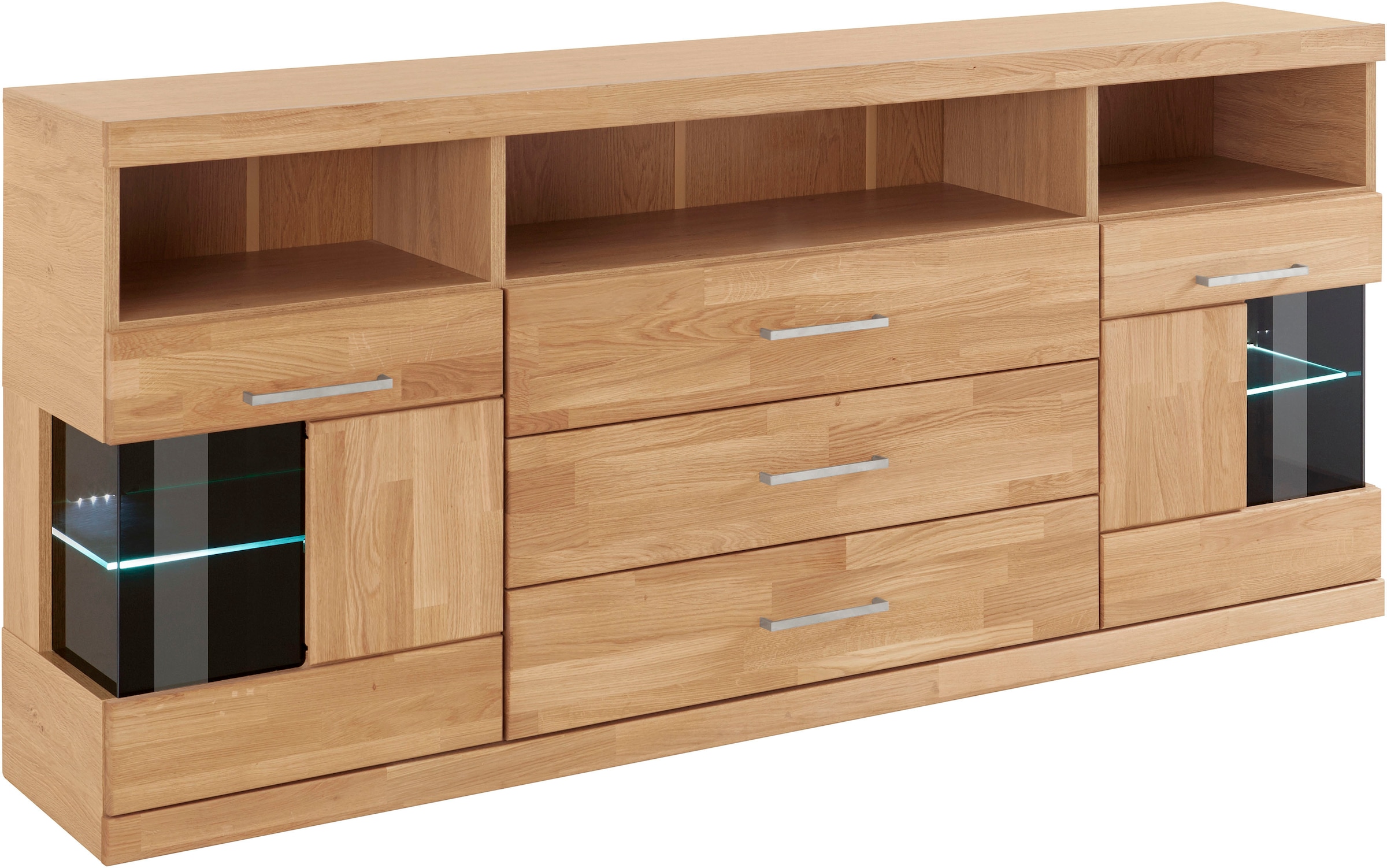 Home affaire Sideboard »Ribe,180cm breit, Fronten Massivholz,7 Fächer,Böden versetzbar«, Korpus Holzwerkstoff,Türen mit Glaseinsatz,3 breite Schubladen