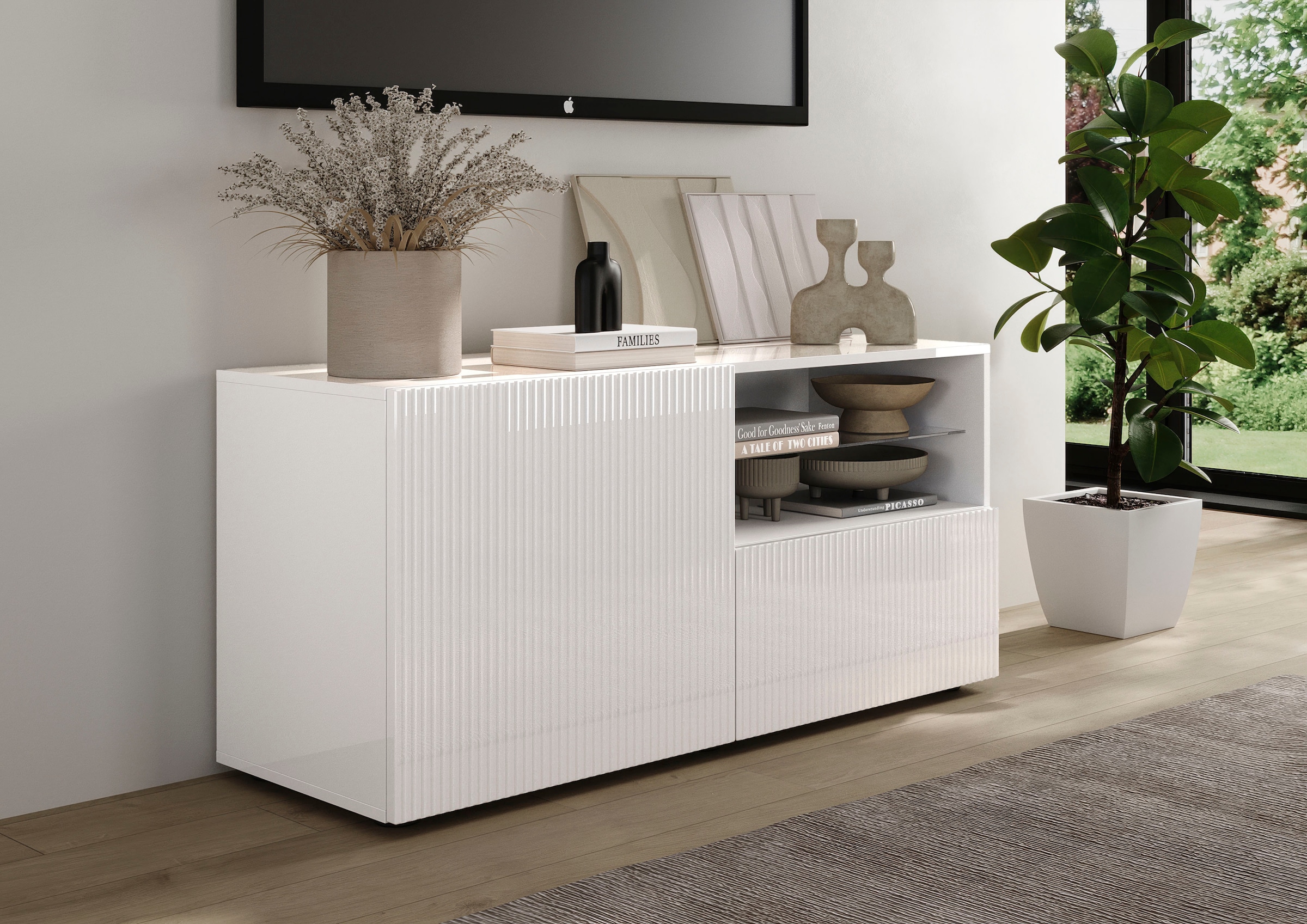 Home affaire Lowboard »Rio Breite 120 cm, TV-Board 1 Tür u. 1 Schubkasten, TV-Schrank« geriffelte MDF-Fronten, modern u. elegant, Kabelführung, platzsparend