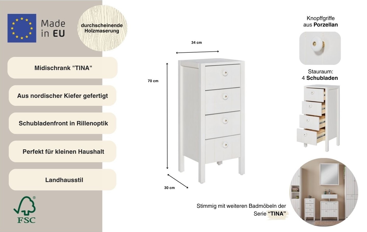 Home affaire Midischrank »Tina« Badmöbel, Kommode, Schrank, Breite 34 cm, Massivholz