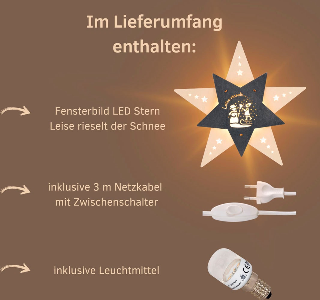 Weigla Dekostern »LED Leise rieselt der Schnee, beleuchtetes Fensterbild, WEIẞ-GRAU«, (1 St.), Erzgebirge garantiert, Weihnachtsdeko Innen, Weihnachtsbeleuchtung
