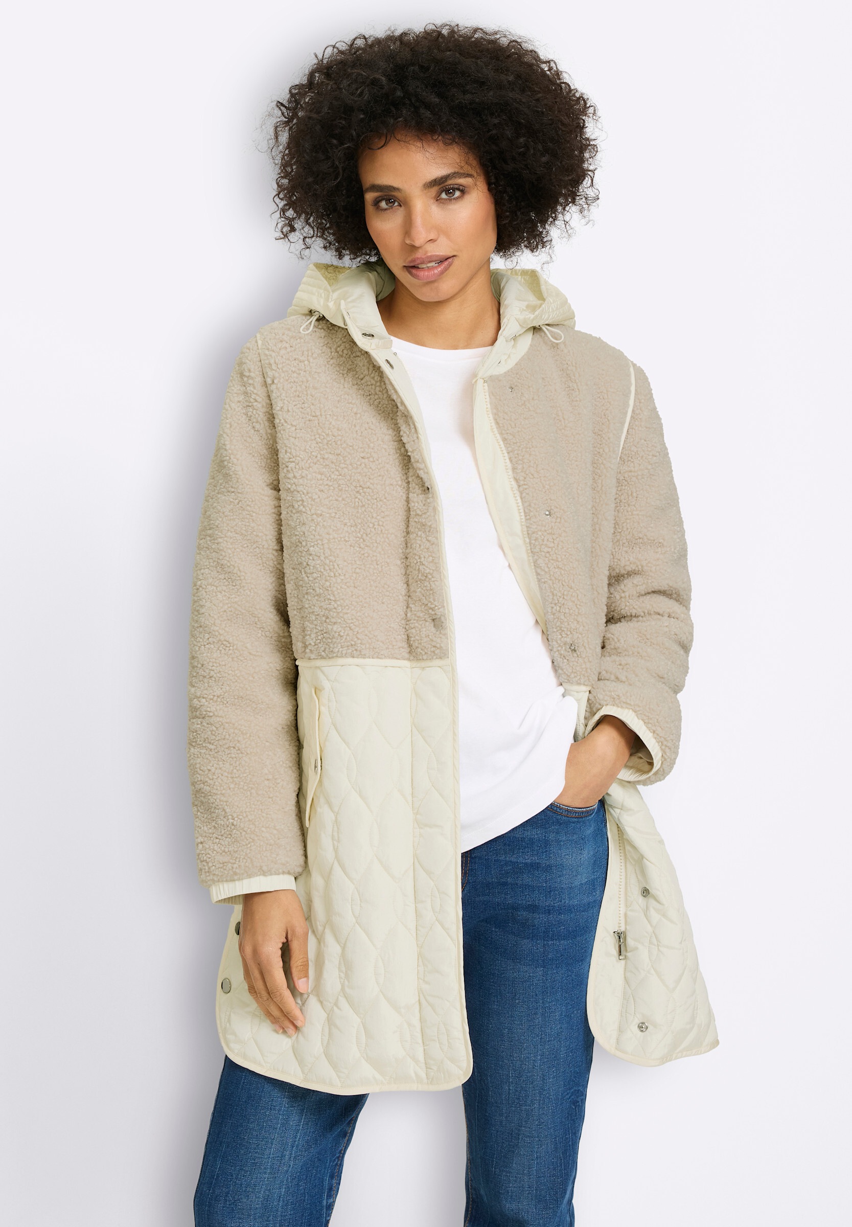 heine Steppjacke »Longjacke Longjacke Materialmix aus Teddy und Stepp« mit Kapuze