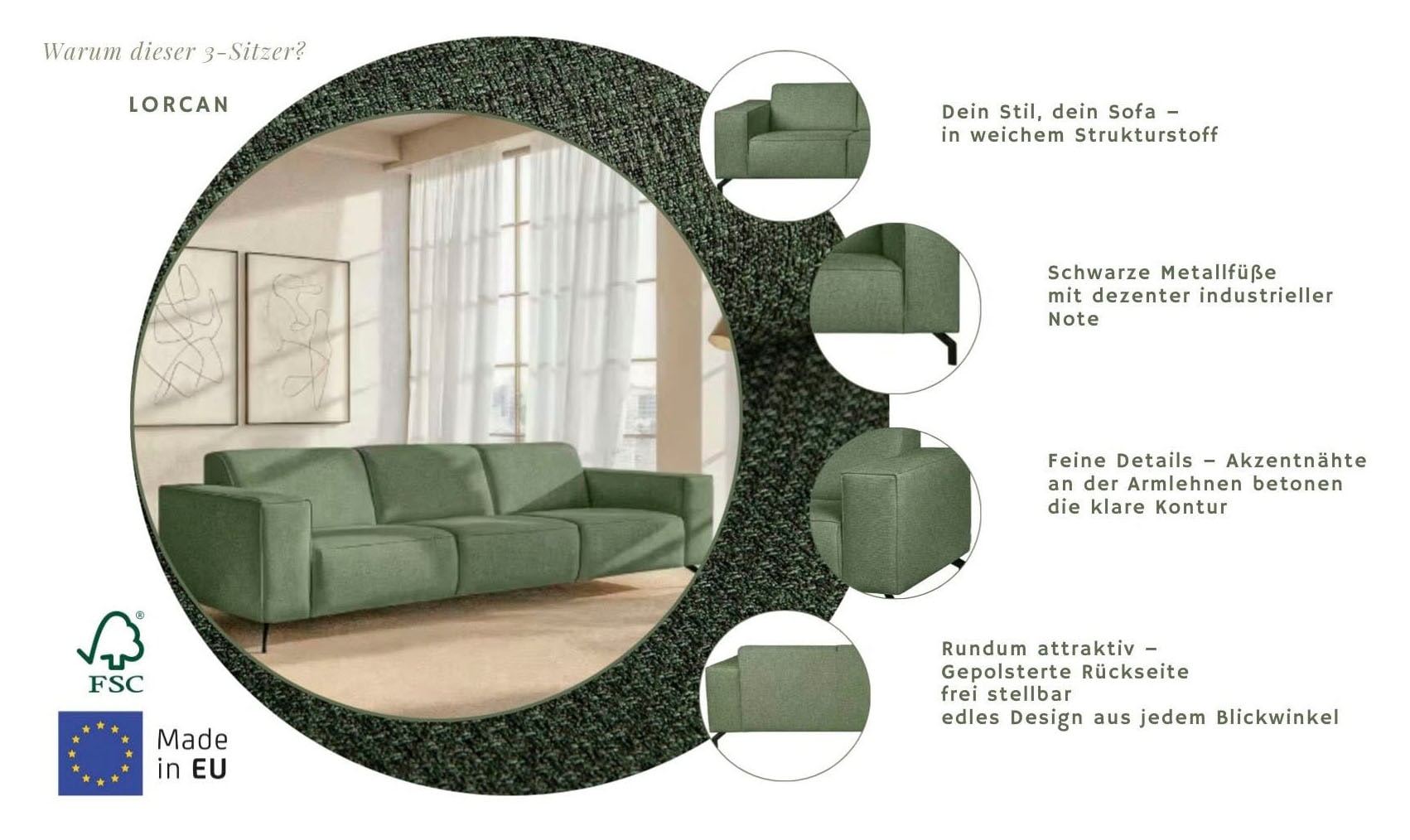 Home affaire 3-Sitzer »Lorcan 257 cm, weiches Sitzgefühl« mit schwarzen Metallfüßen, Lederoptik und in weichem Strukturstoff