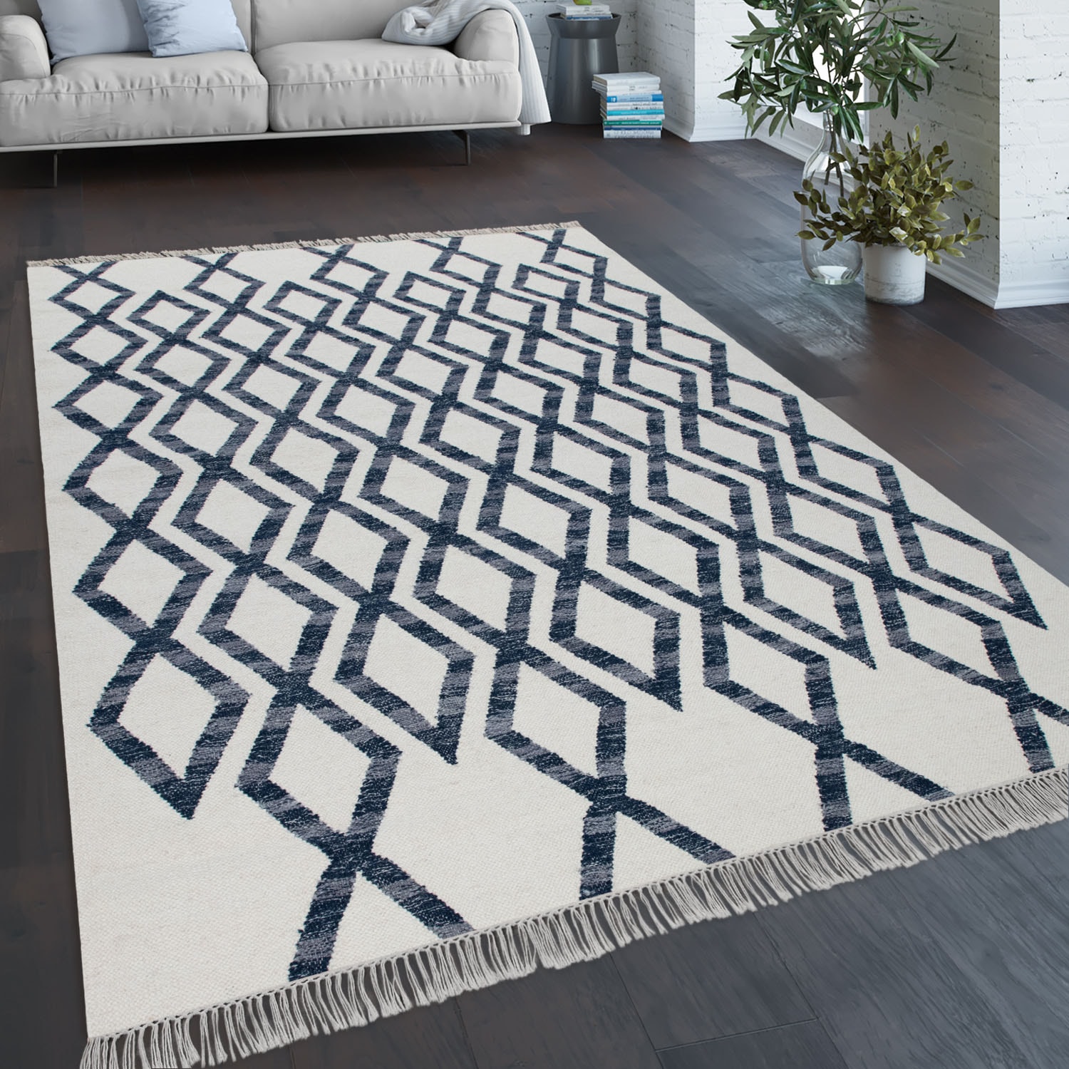Paco Home Wollteppich »Kenitra 502«, rechteckig, 12 mm Höhe, Flachgewebe, reine Wolle, handgewebt, Rauten Design, mit Fransen