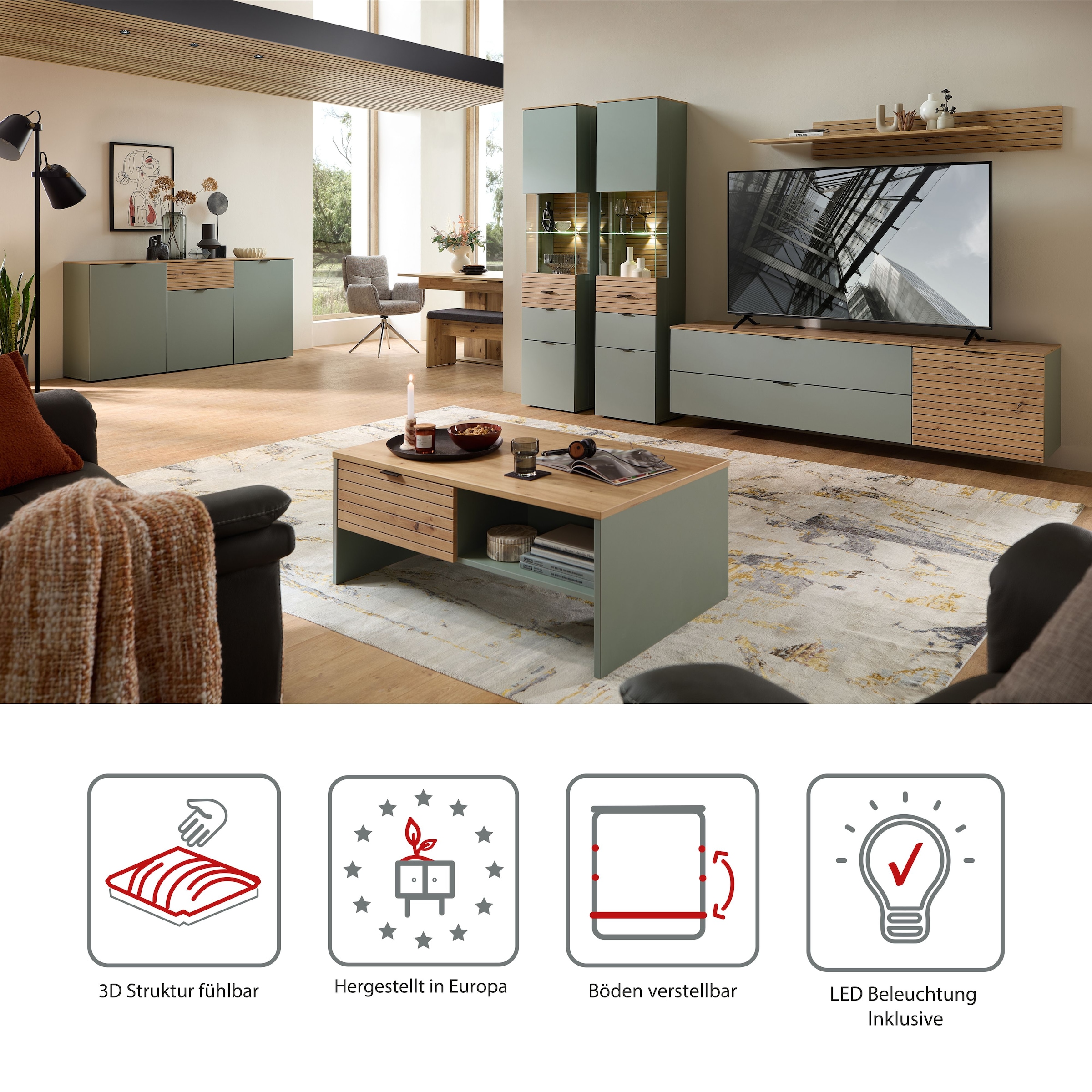 Innostyle Vitrine »INA Vitrine, 45 x 200 x 36 cm (B/H/T)« 1 Stk. tlg. L/R verwendbar, inkl. Beleuchtung, Softclose