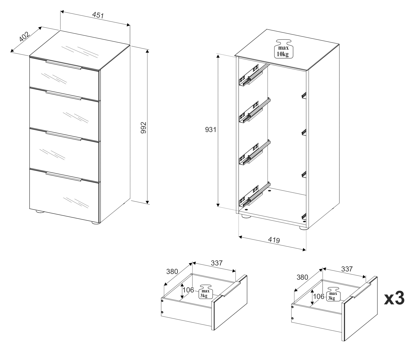 HBZ Kommode »Santorin Mehrzweckschrank mit Schubkästen, BxHxT 45x99x40 cm« 1 Stk. tlg. Mit 4 Schubkästen mit Softclose, Glasfront und Glasoberboden