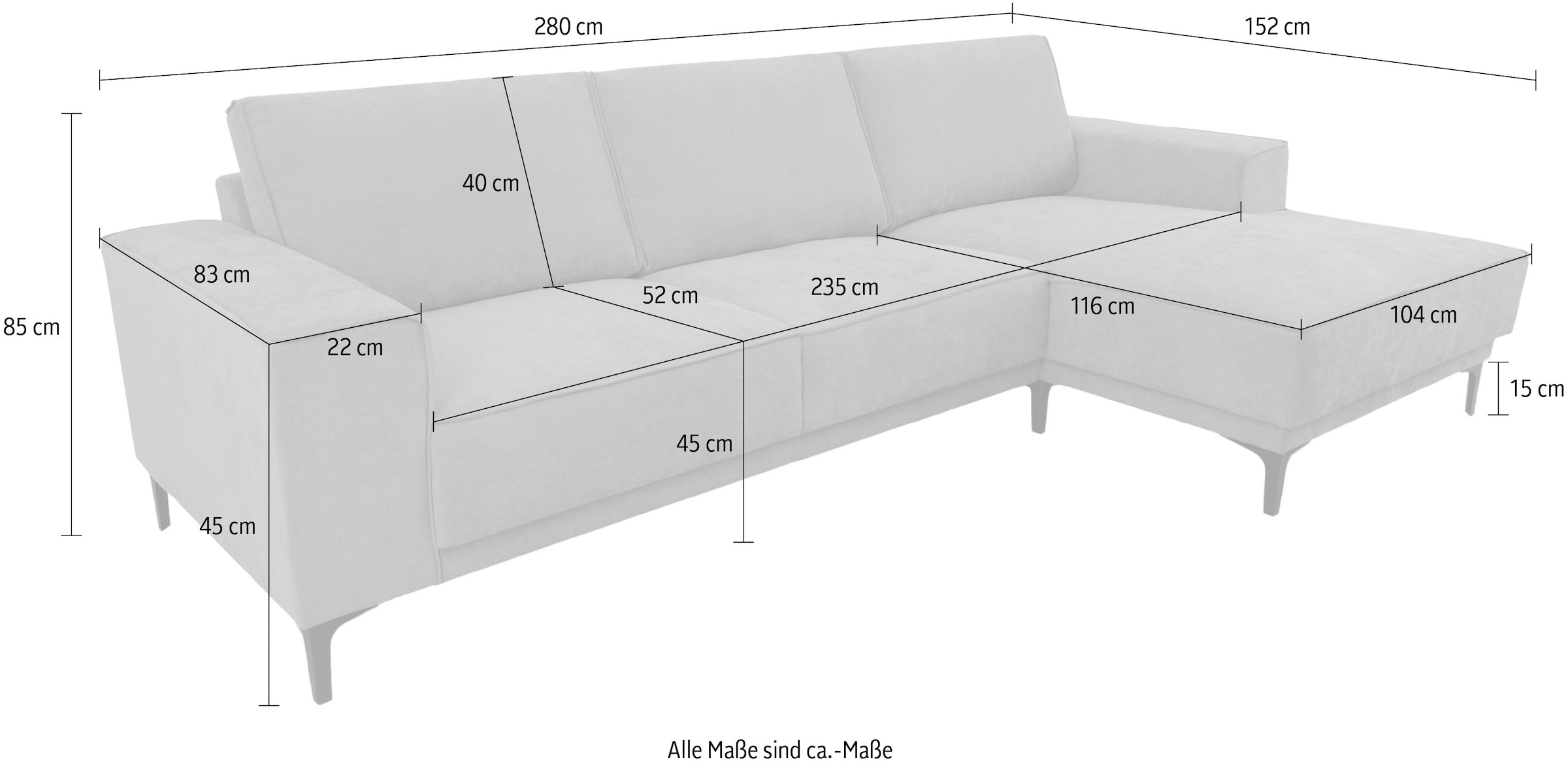 Places of Style Ecksofa »Polsterecke Oland, Struktur, Flachgewebe, Luxus-Microfaser, Boucle«, L-Form, 280 cm, Wellenunterfederung, Skandi-Design, Metallfüße