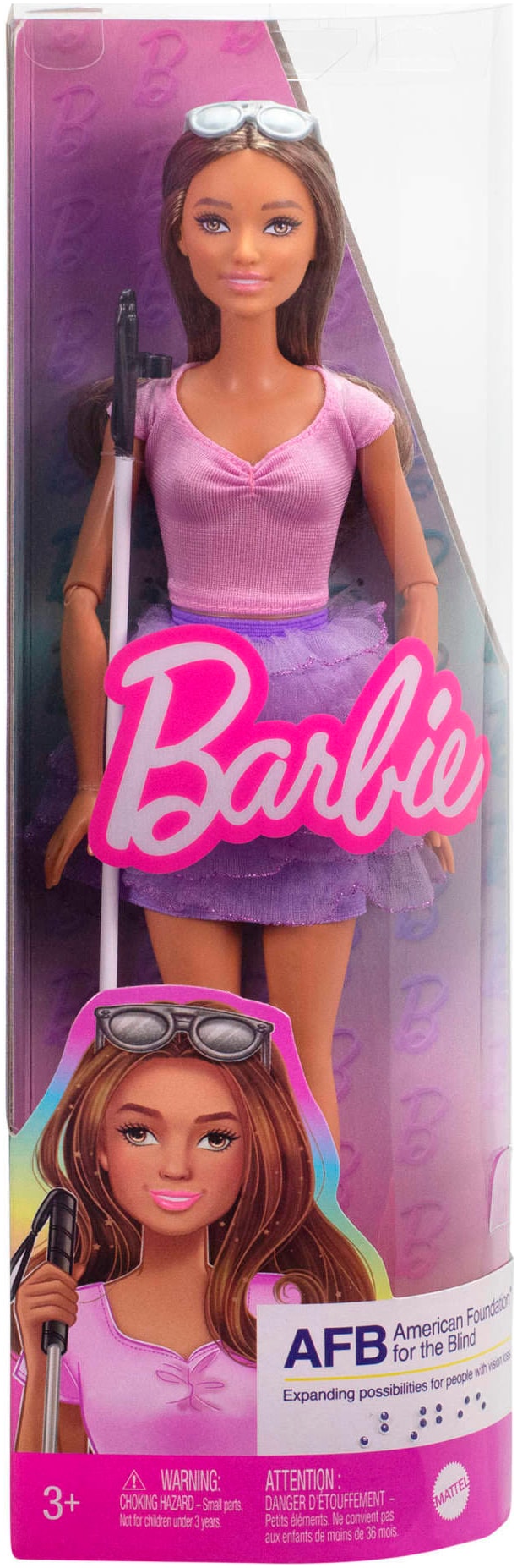 Barbie Anziehpuppe »Fashionistas Puppe Nr. 228 Blinde Barbie-Puppe«, mit pastellfarbenem Outfit, Blindenstock und Sonnenbrille
