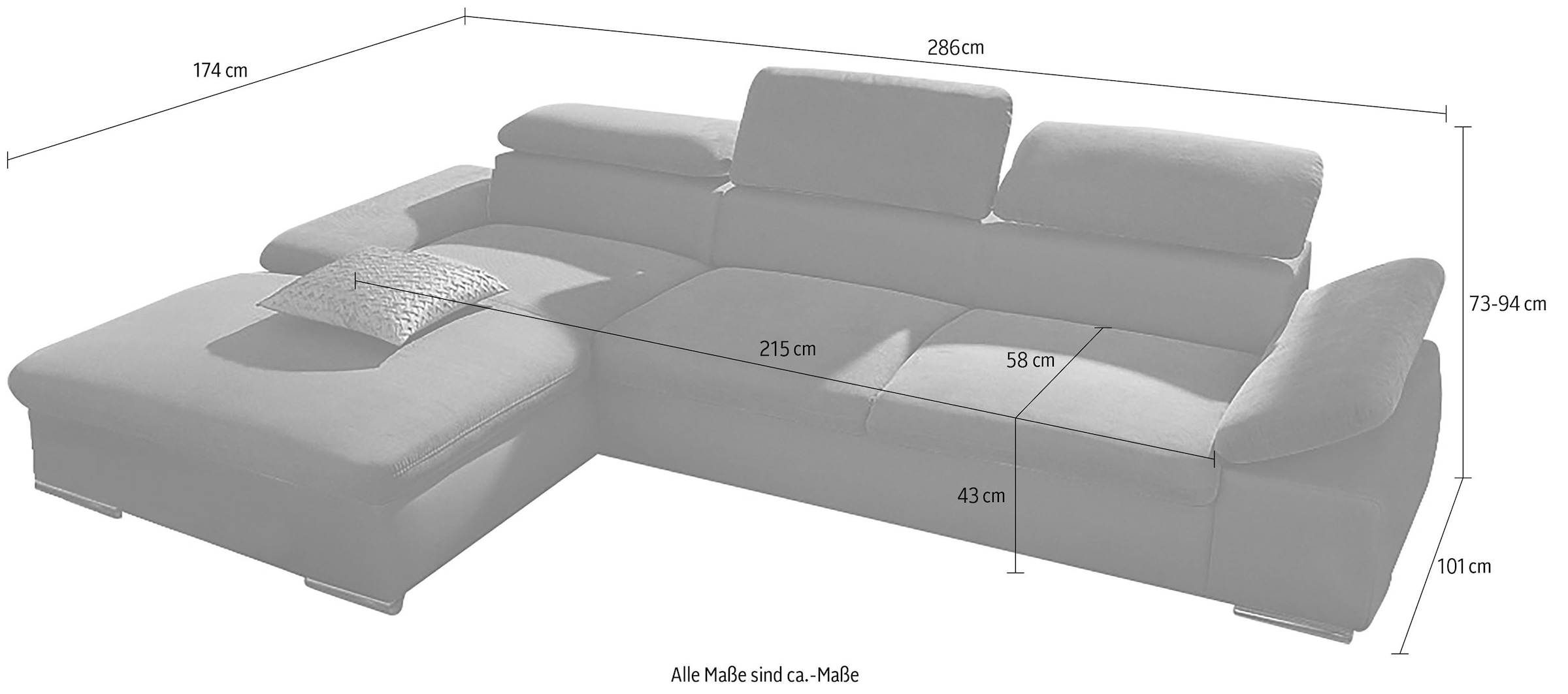 sit&more Ecksofa »Valantine L-Form, B: 286 cm« mit Arm- & Kopfteilverstellung, optional mit Bettfunktion