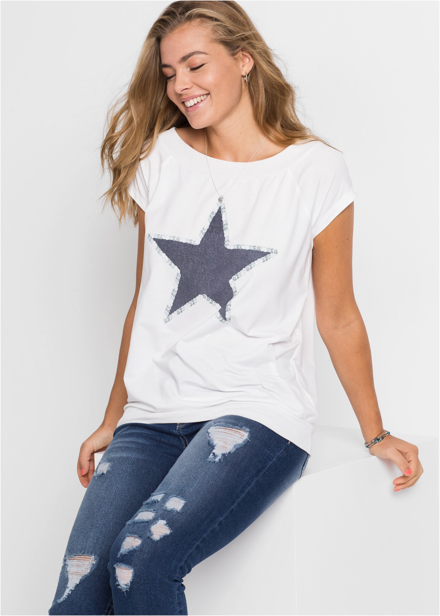 bonprix T-Shirt bequeme Passform, U-Boot-Ausschnitt, Rippbündchen