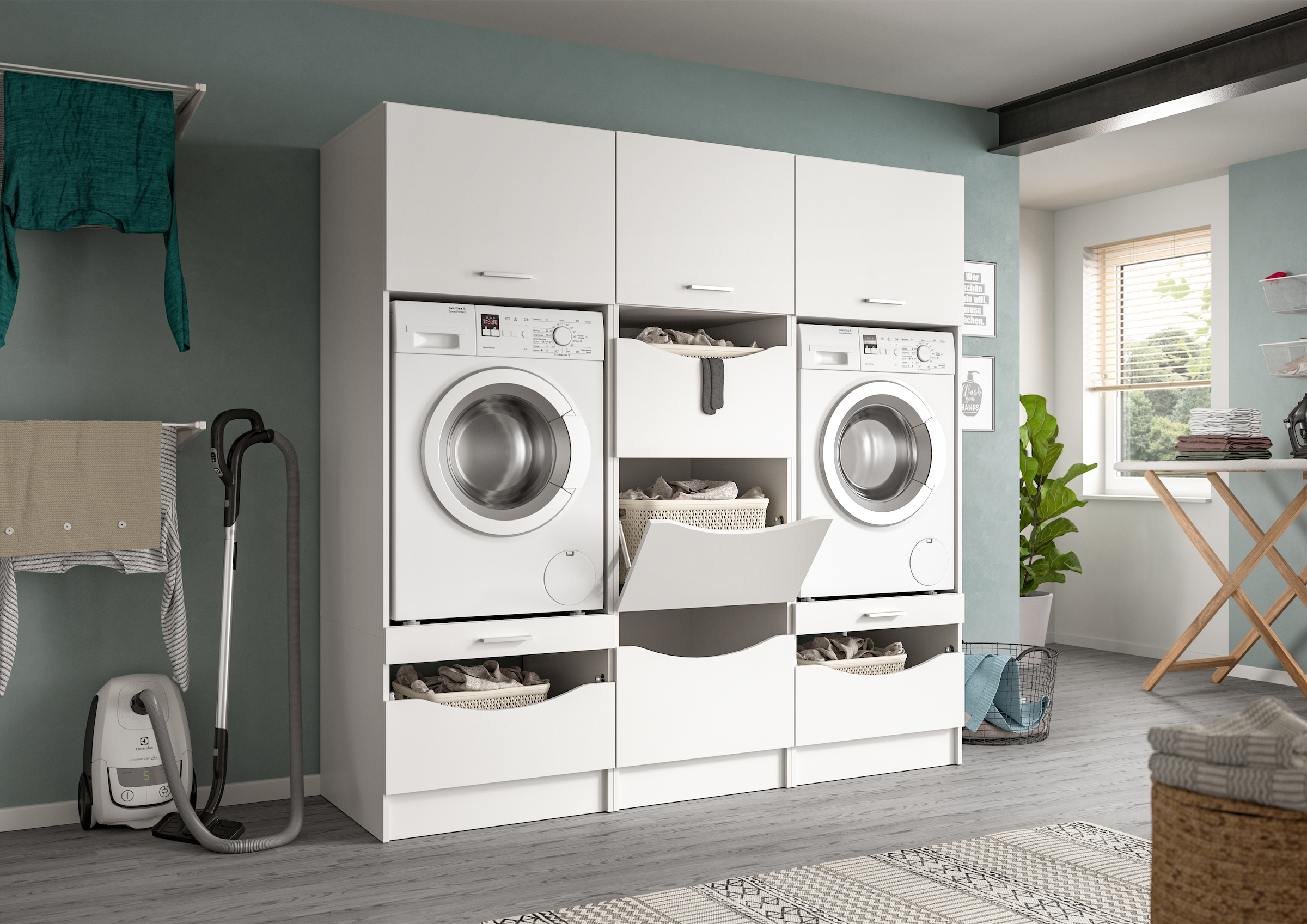 welltime Mehrzweckschrank-Set »FALAS, TOPSELLER!, 3-teilig, Hauswirtschaftsraum Set, Breite 192 cm« 2x Waschmaschinenumbau- & 1x Wäscheschrank, 