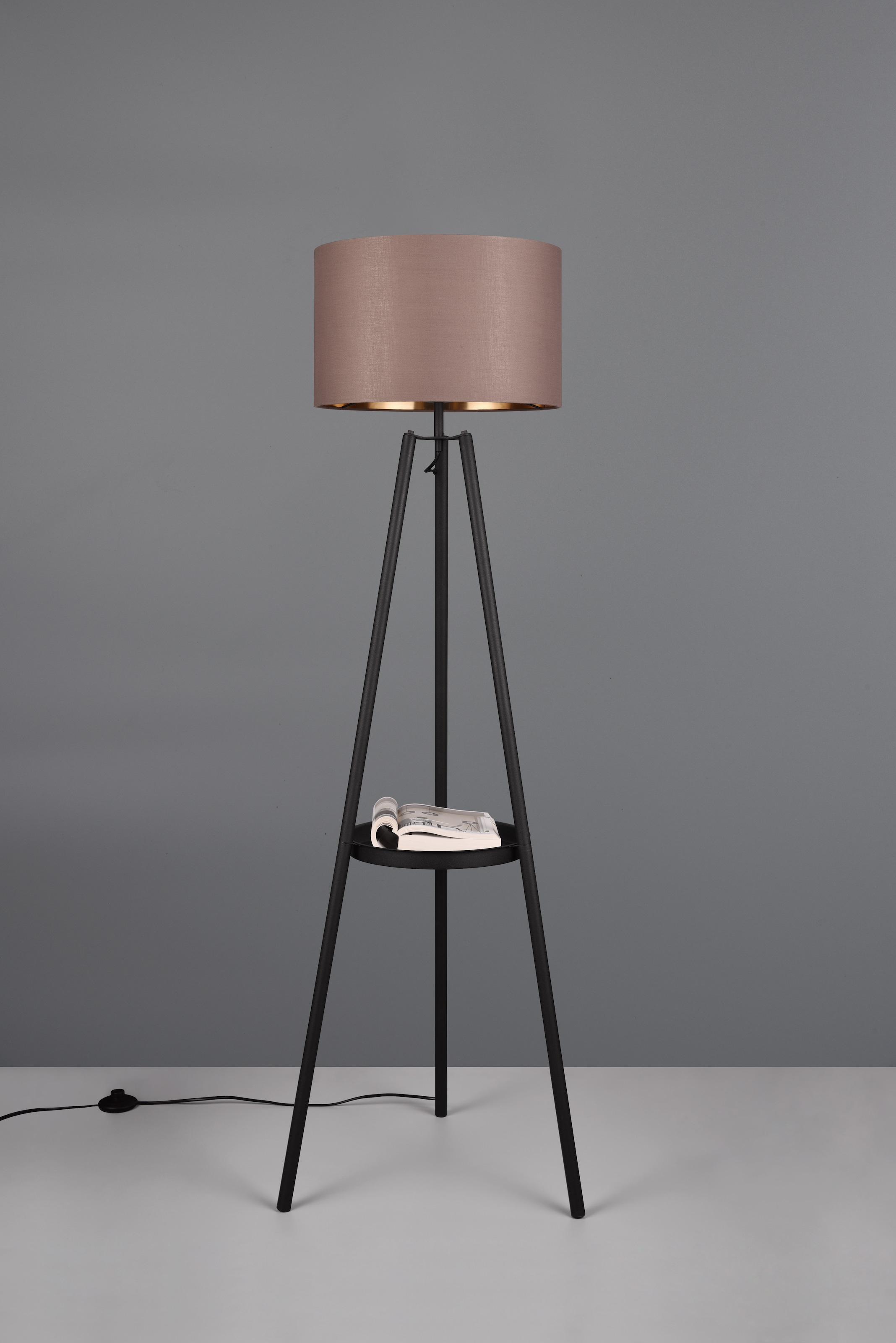 REALITY Leuchten Stehlampe »COLETTE, Stehleuchte Dreibein mit Ablagefläche exkl 1xE27 max 60W«, 1 flammig, Leuchtmittel E27 | Leuchtmittel wechselbar, Stehleuchte Ø 57cm mit Fußschalter moderne Farbkombination innen gold