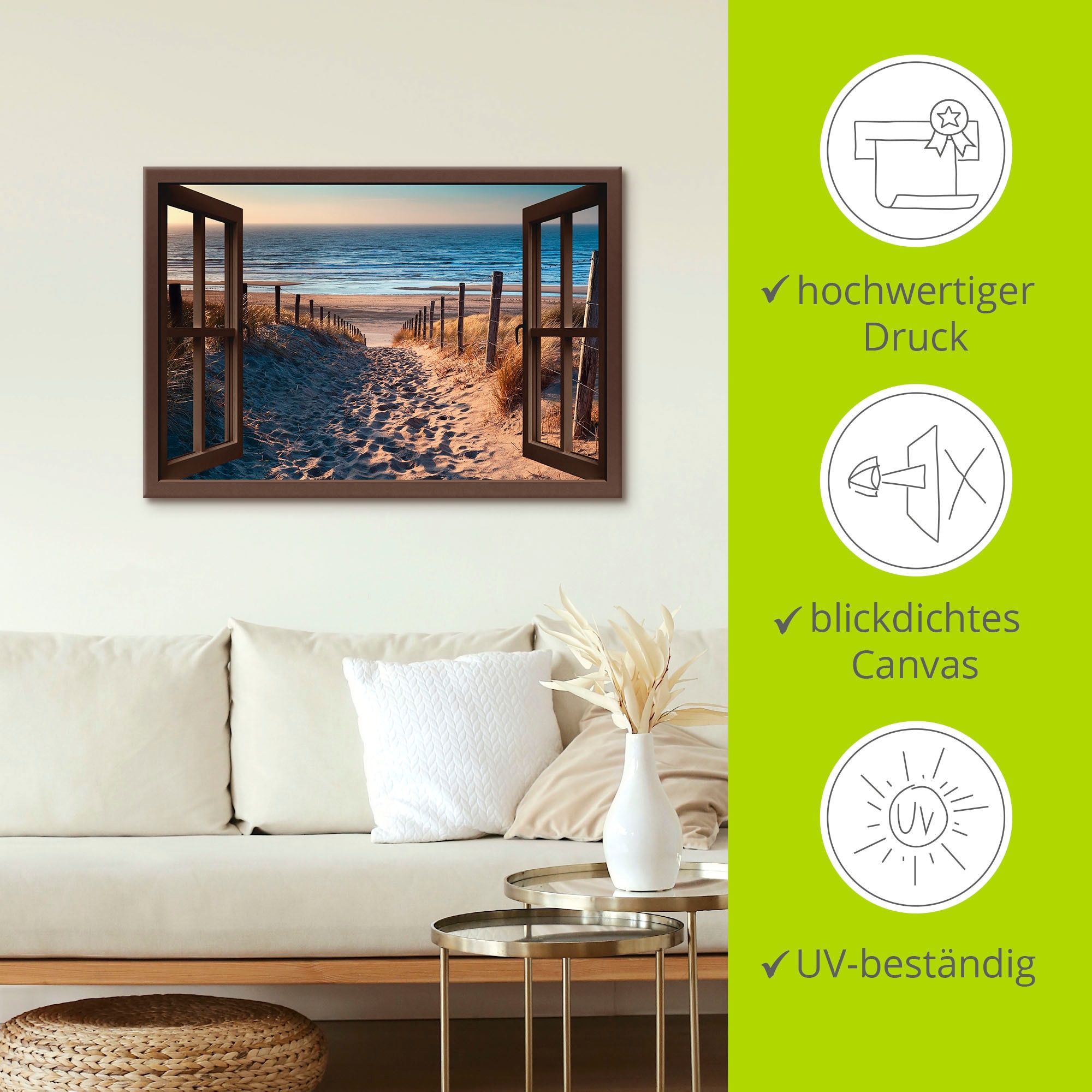 Artland Leinwandbild »Fensterblick  Weg zum Nordseestrand« Strand 1 Stk. tlg. als Leinwandbild in verschied. Größen