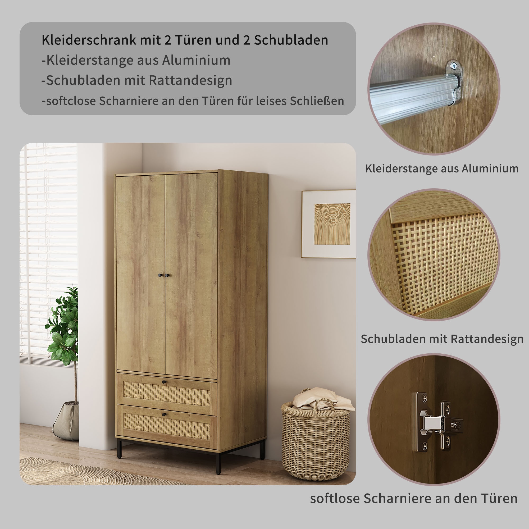 OTTO home Kleiderschrank »Motala Schlafzimmerschrank Garderobe Boho Eichen-Design Bestseller« Moderne schwarze Griffe, Schublade mit Geflecht,  Schlafzimmerschrank mit 2 Türen und 2 Schubladen