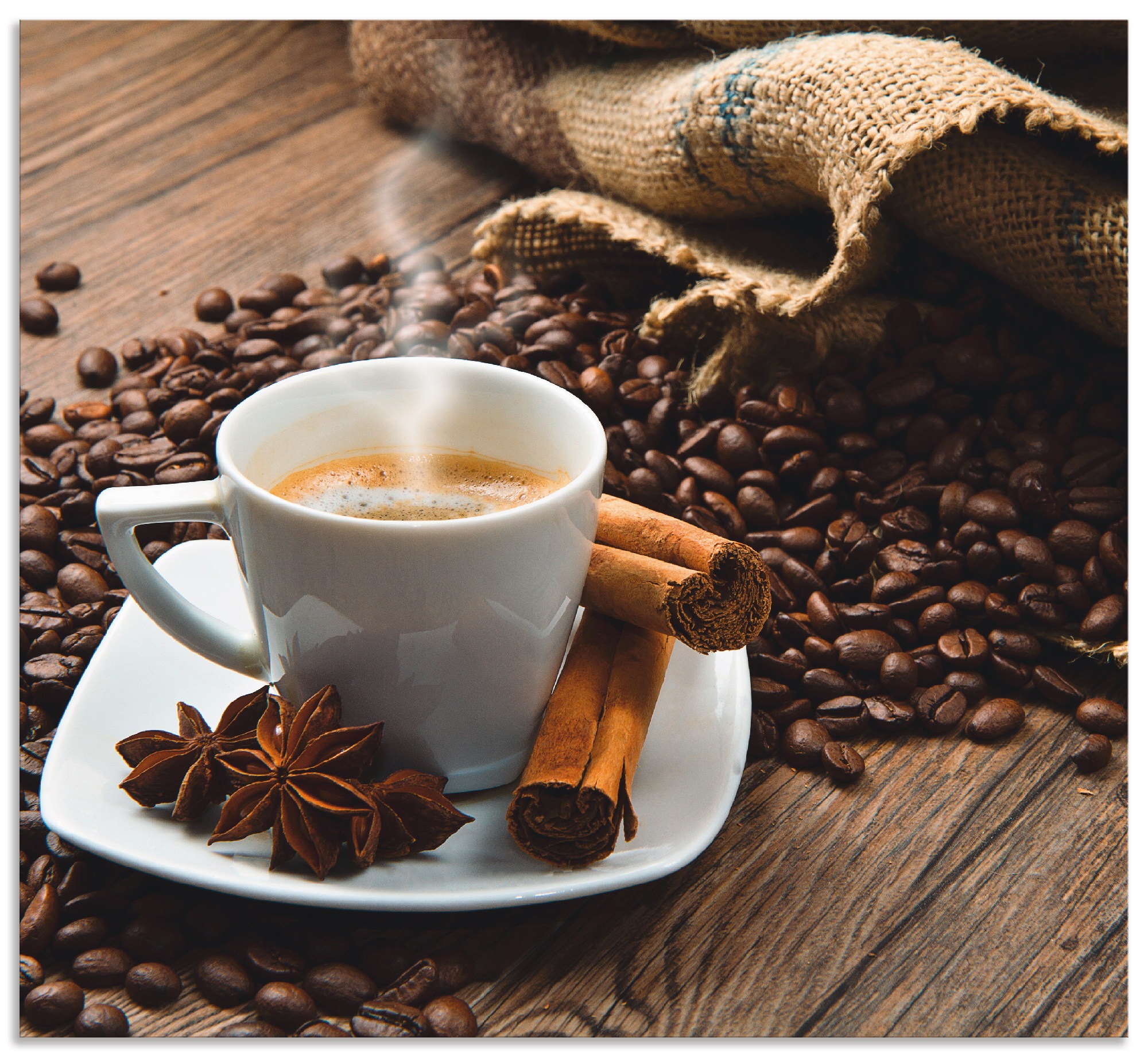 Spritzschutz mit kaufen (1 Alu »Kaffeetasse Montage tlg.), Küchenrückwand Kaffeebohnen«, Artland Klebeband, mit Leinensack einfache online