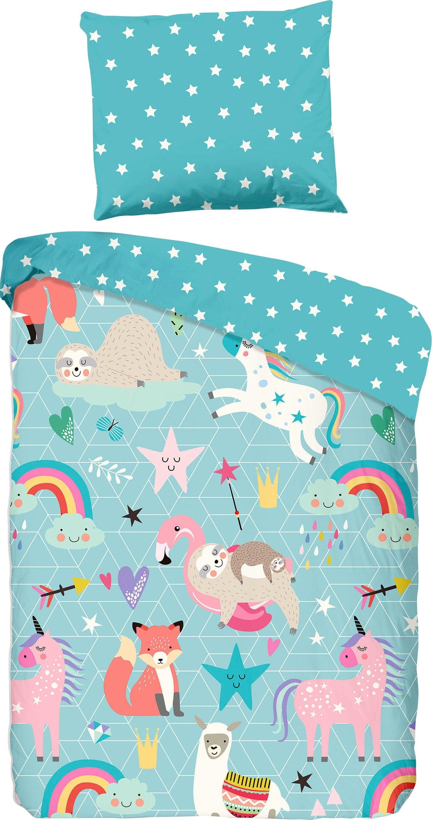 good morning Kinderbettwäsche »Moody«, Baumwolle, 135x100, Reißverschluss, Wende, Kind, Mädchen, Tier, Türkis