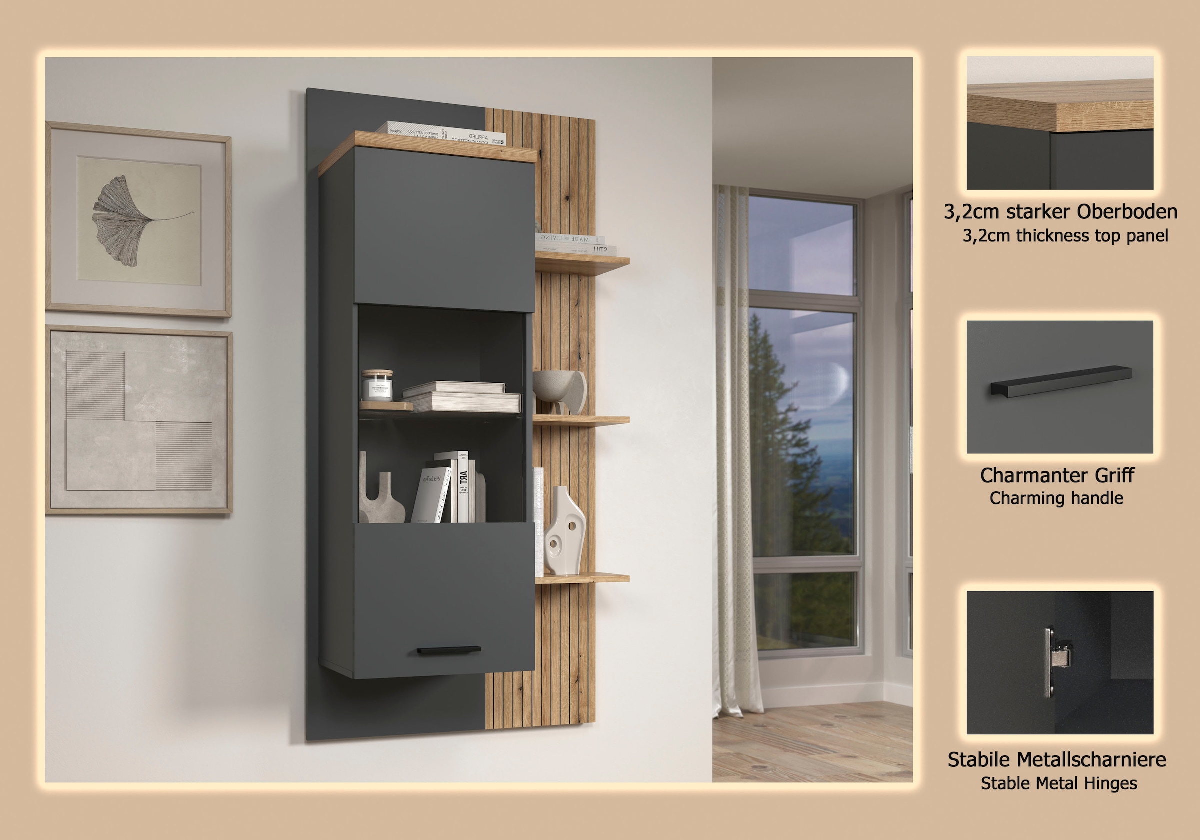 Home affaire Hängevitrine »Bajo« 1 Stk. tlg. Hängeschrank mit 1 Tür & 1 Glasboden – (B/T/H) 80/32/161 cm