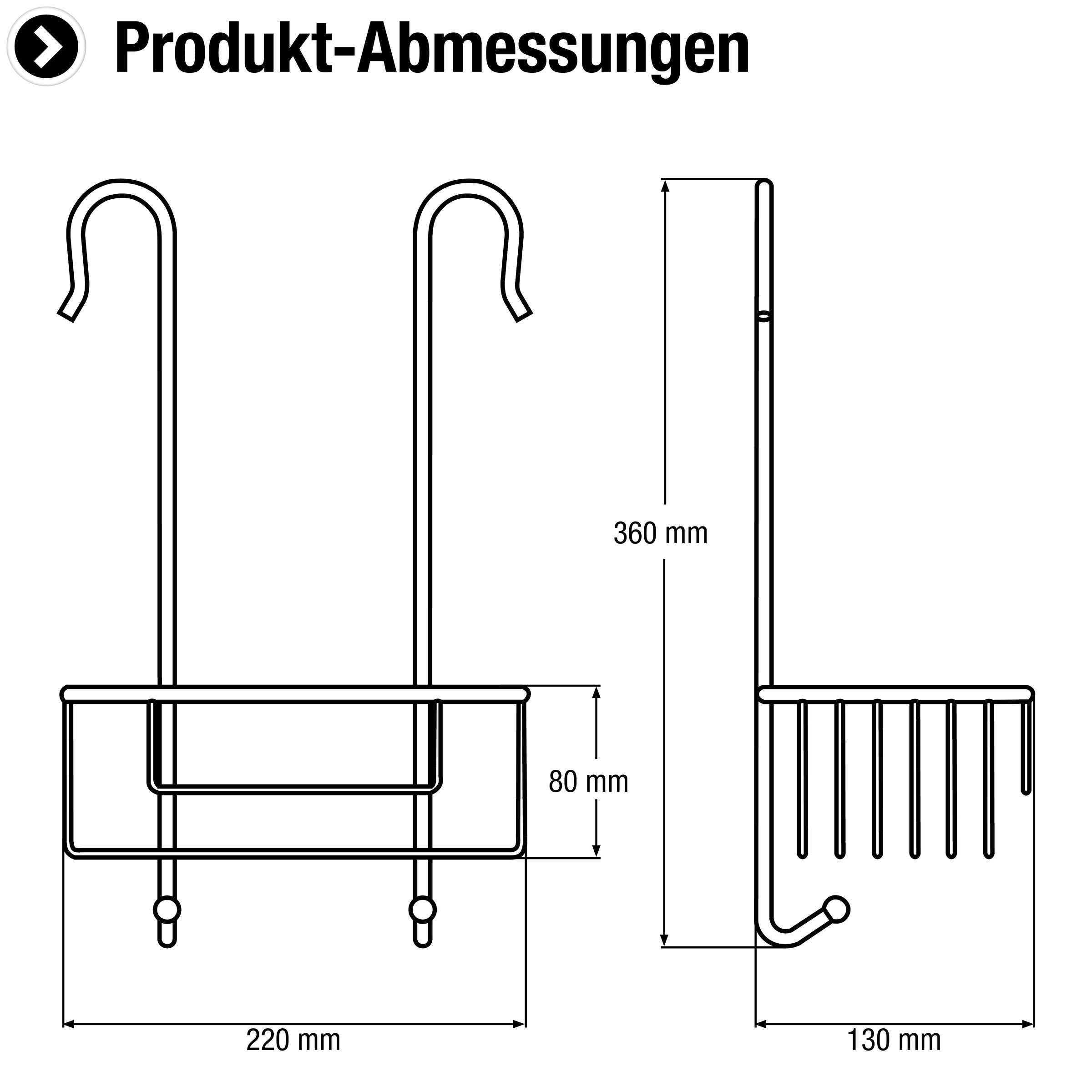 CORNAT Duschkorb »Einhänge-Duschkorb für Wandarmaturen« Extra hoher Ablagekorb, mit 2 integrierten Haken, Montage ohne Bohren