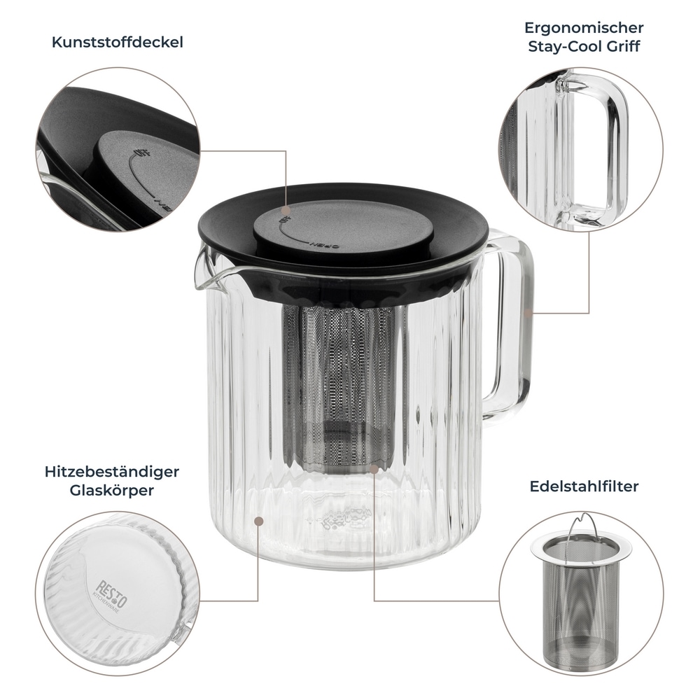 RESTO Kitchenware Teekanne »Ain, hitzebeständige Glaskanne im 3D Design, Höhe ca. 13 cm« 1 l 4 Stk. tlg. mit herausnehmbarem Filtersieb aus Edelstahl, im Geschenkkarton