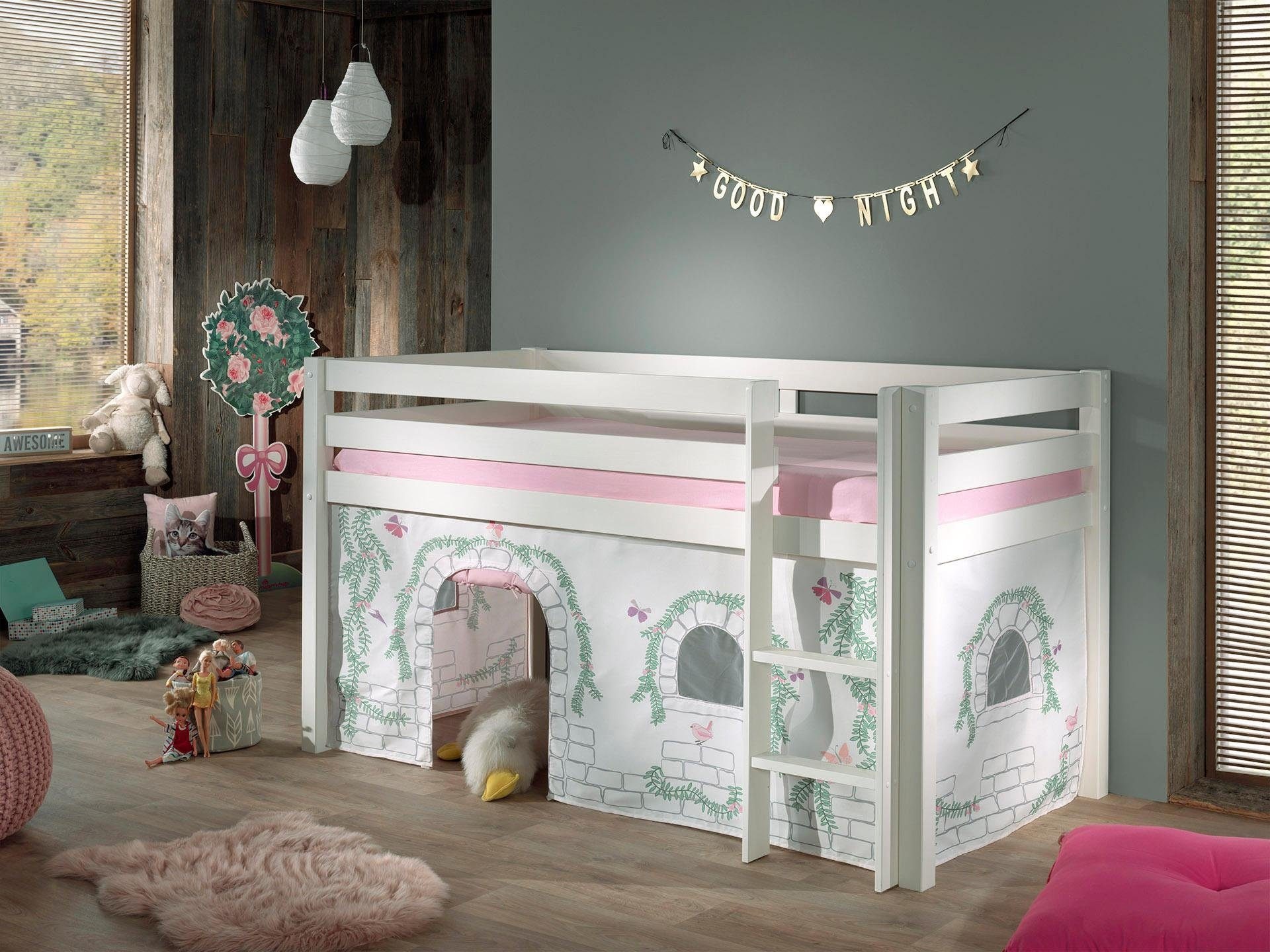 Vipack Hochbett »Pino«, (Made in Europe), Massivholz, Textil-Set "Birdy", wahlweise mit Rutsche und Bett-Tunnel