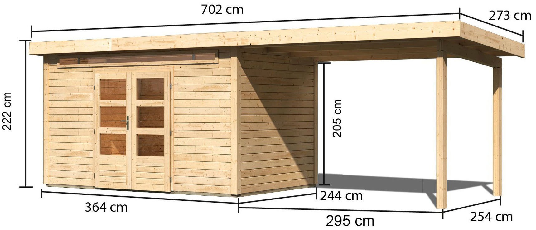 Karibu Gartenhaus »"Karlshöfen 7" SET naturbelassen mit Anbaudach 3,2 m Breite«, aus hochwertiger nordischer Fichte