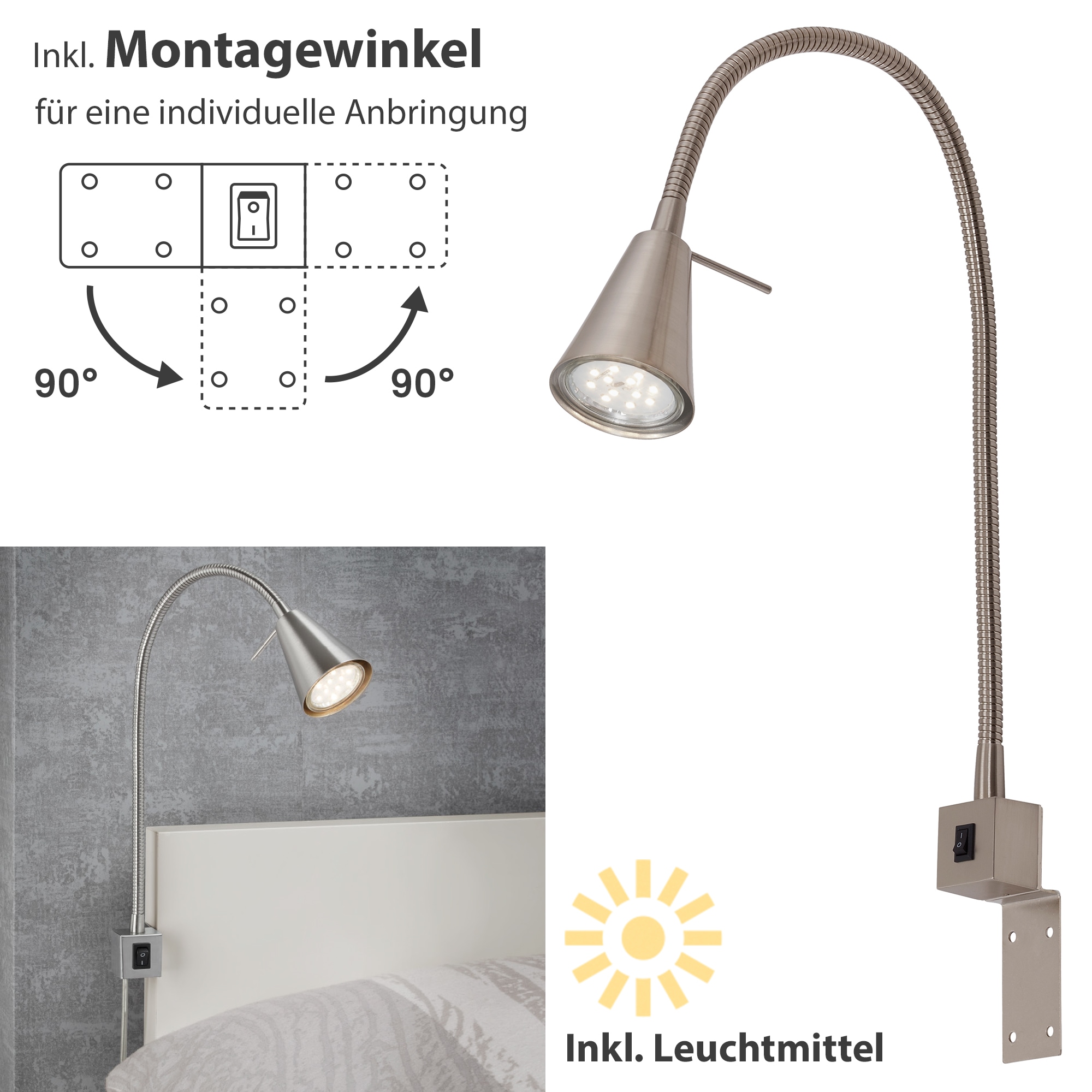 Briloner Leuchten Bettleuchte »TUSO 2er Set LED Bettleuchte Schlafzimmer Wohnzimmer« 2er Set LED Bettleuchte Schlafzimmer Wohnzimmer Matt-Nickel