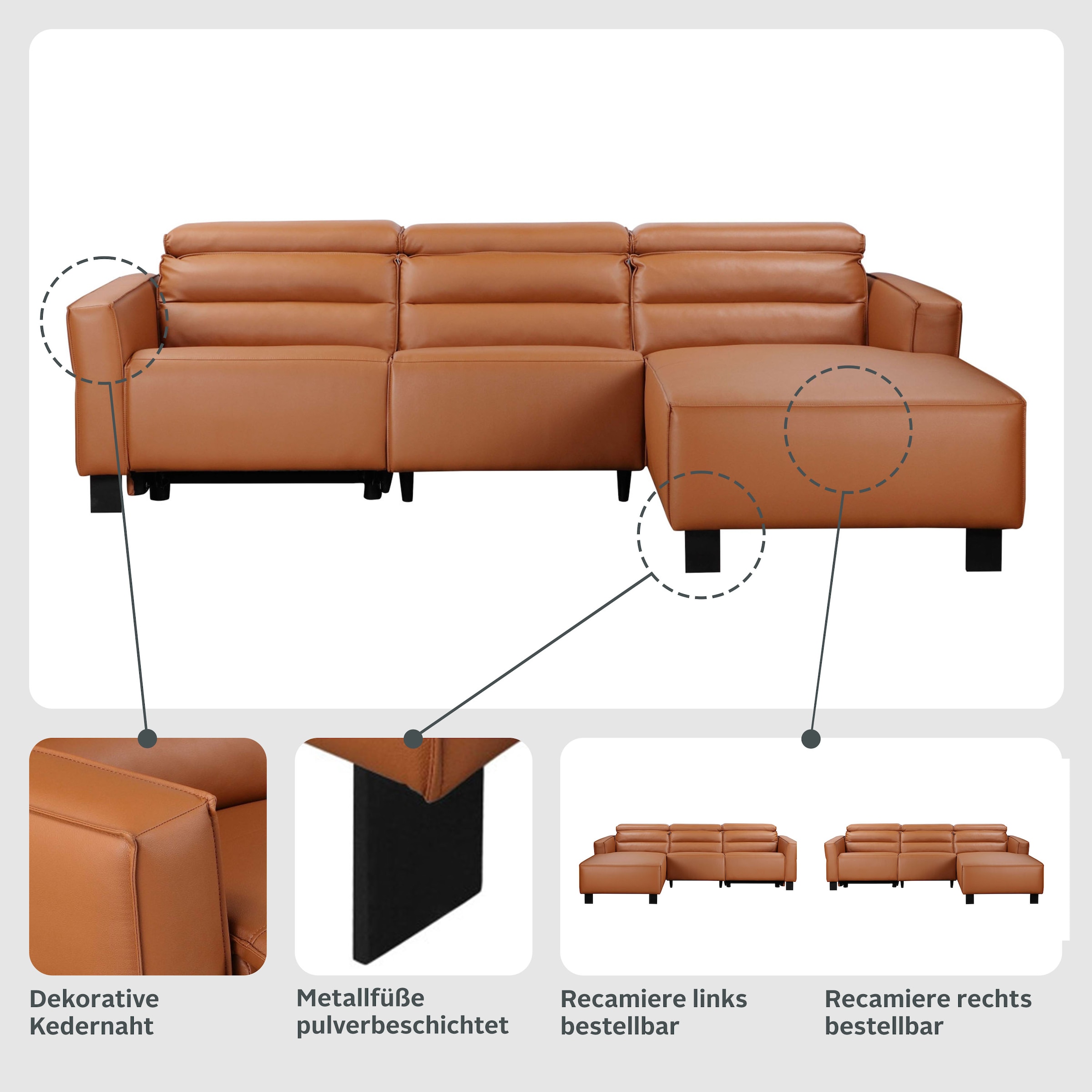 Places of Style Ecksofa »Carpari, L-Form, 263 cm, mit manueller o. elektrischer Relaxfunktion«, und USB/ Kopfteilverstellg