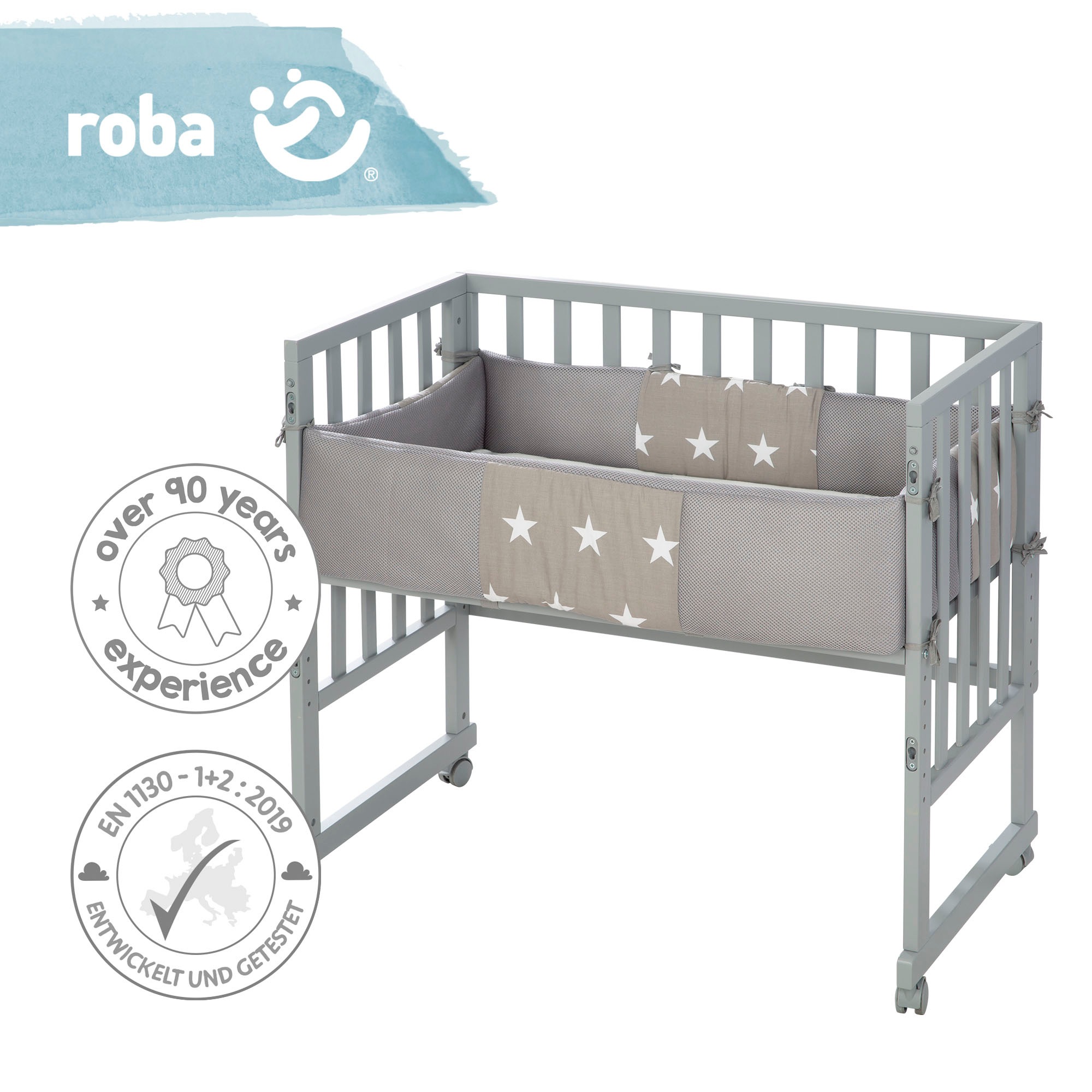 roba® Stubenbett »Safe Asleep® 2in1, taupe, Little Stars«, mit 4 Rollen, Matratze, Nestchen und Sicherheitsbarriere