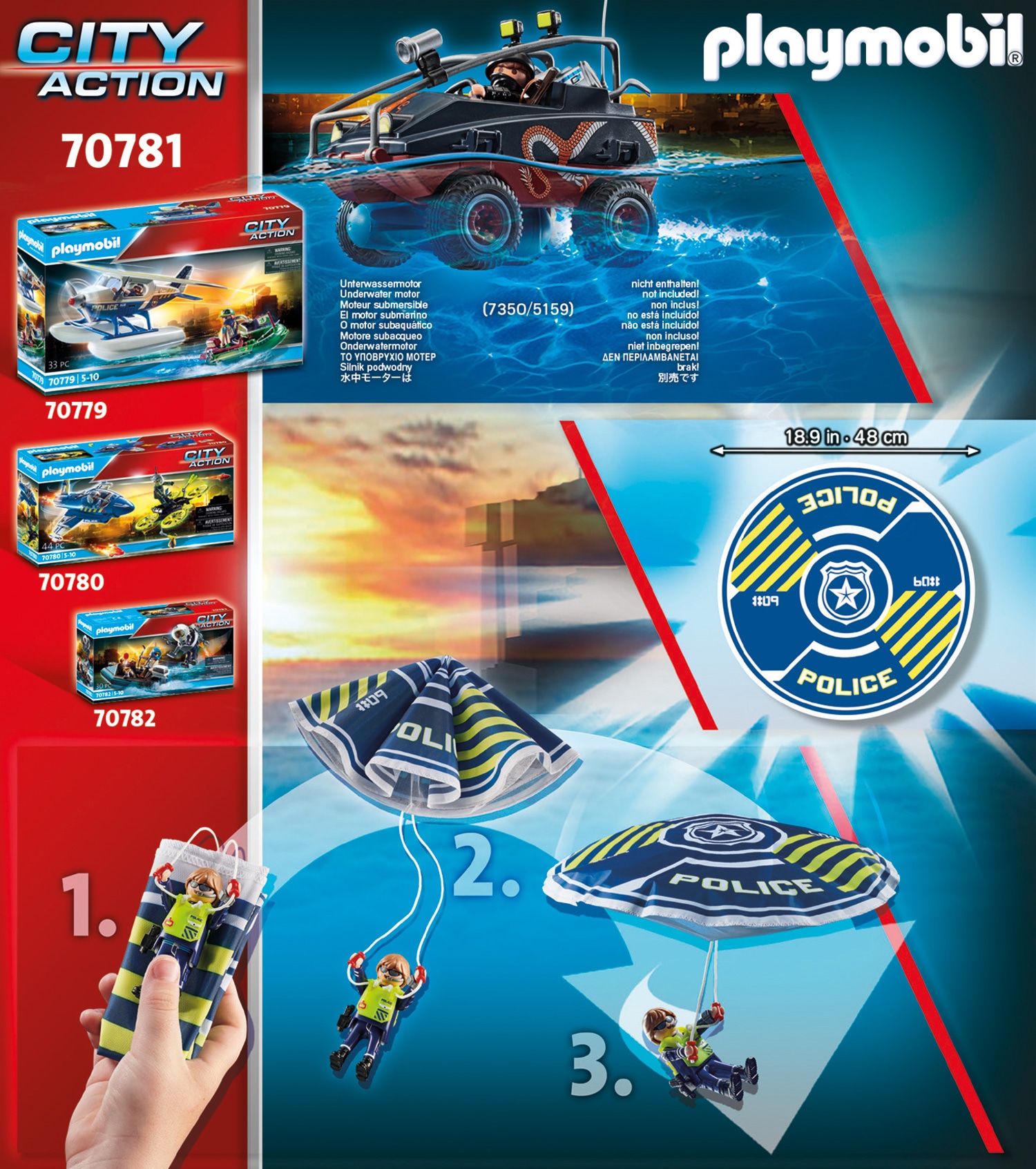 Playmobil® Konstruktions-Spielset »Polizei-Fallschirm: Verfolgung des Amphibien-Fahrzeugs (70781)«, (80 St.), City Action