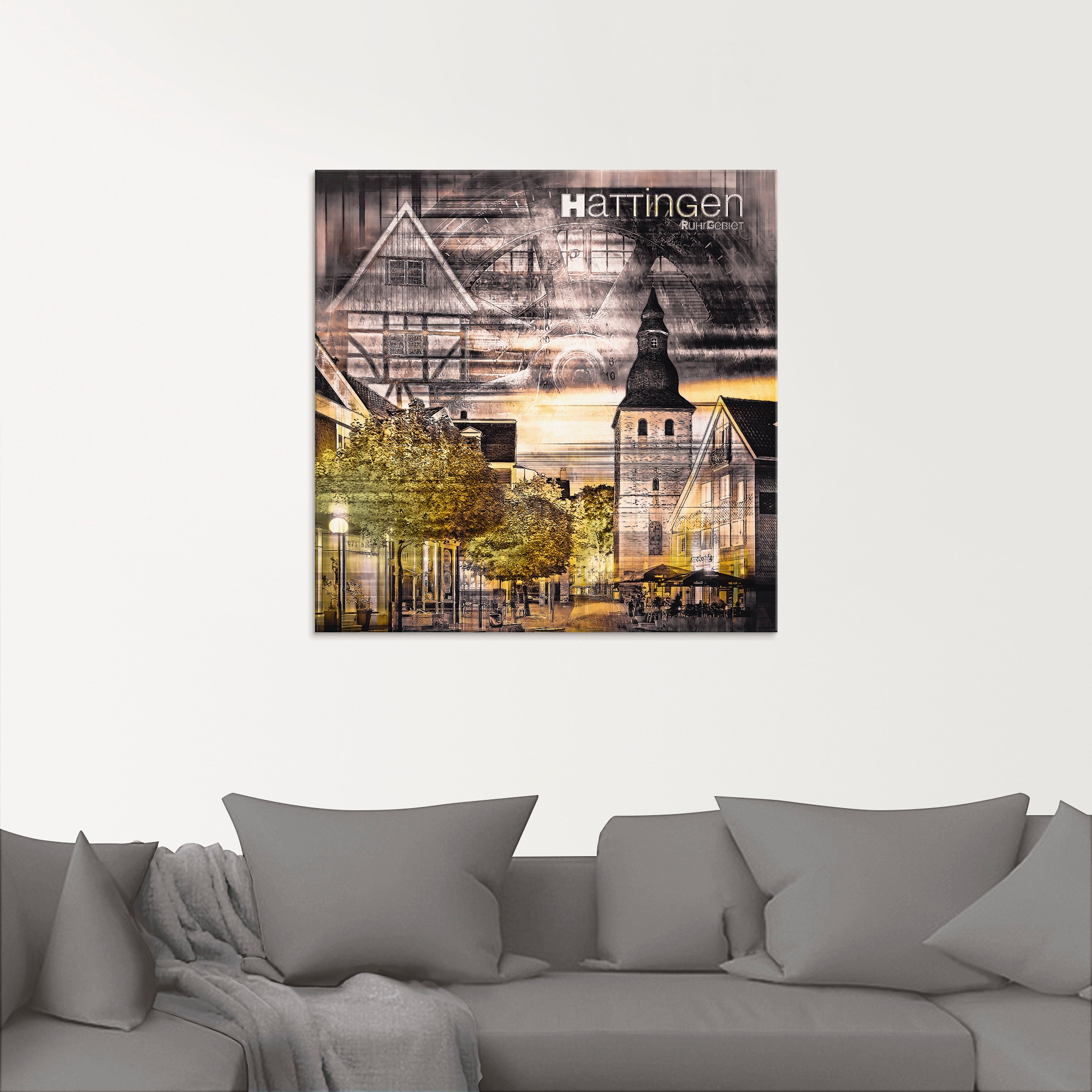 Artland Glasbild »Hattingen Skyline Abstrakte Collage«, Gebäude, (1 St.), in verschiedenen Größen