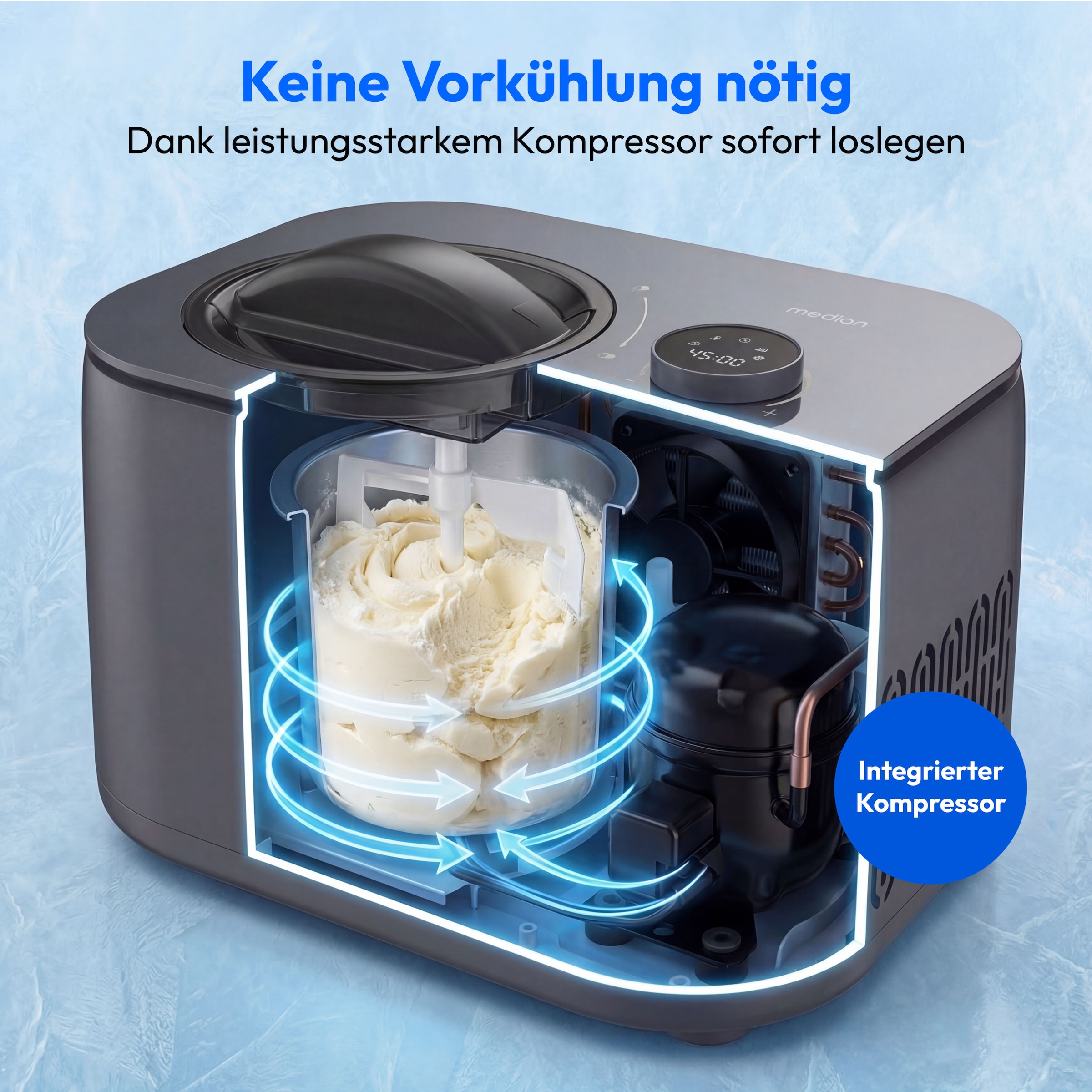 Medion® Eismaschine »MD 100116« 1 l 100 W Mixen, Eis, Joghurt oder Slush zubereiten, Eis nachkühlen