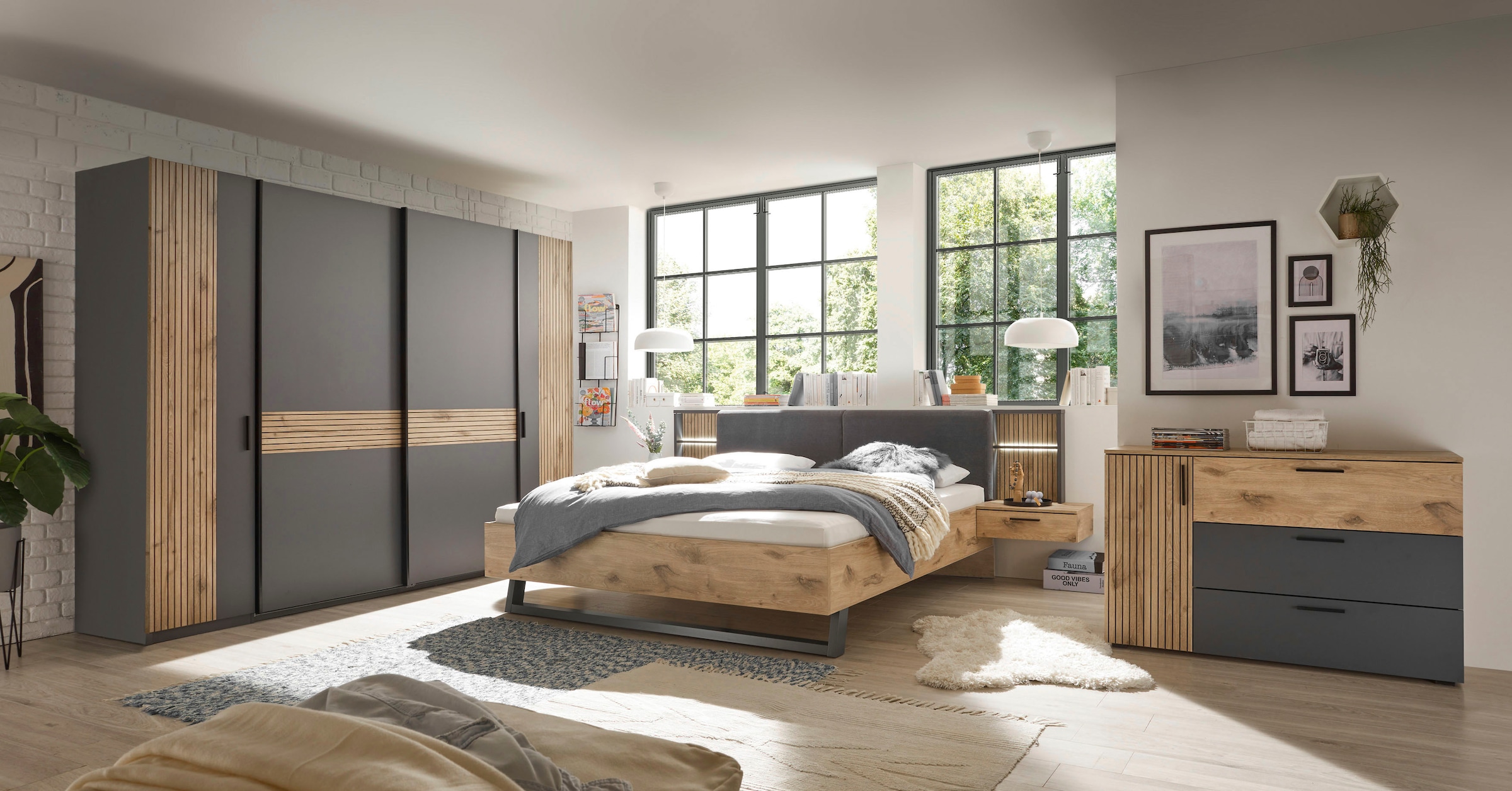 Schlafkontor Kleiderschrank »Daria Drehtürenschrank, Schwebetürenschrank, Schiebetürenschrank«, Absetzung in Viking Oak heller Rillenoptik